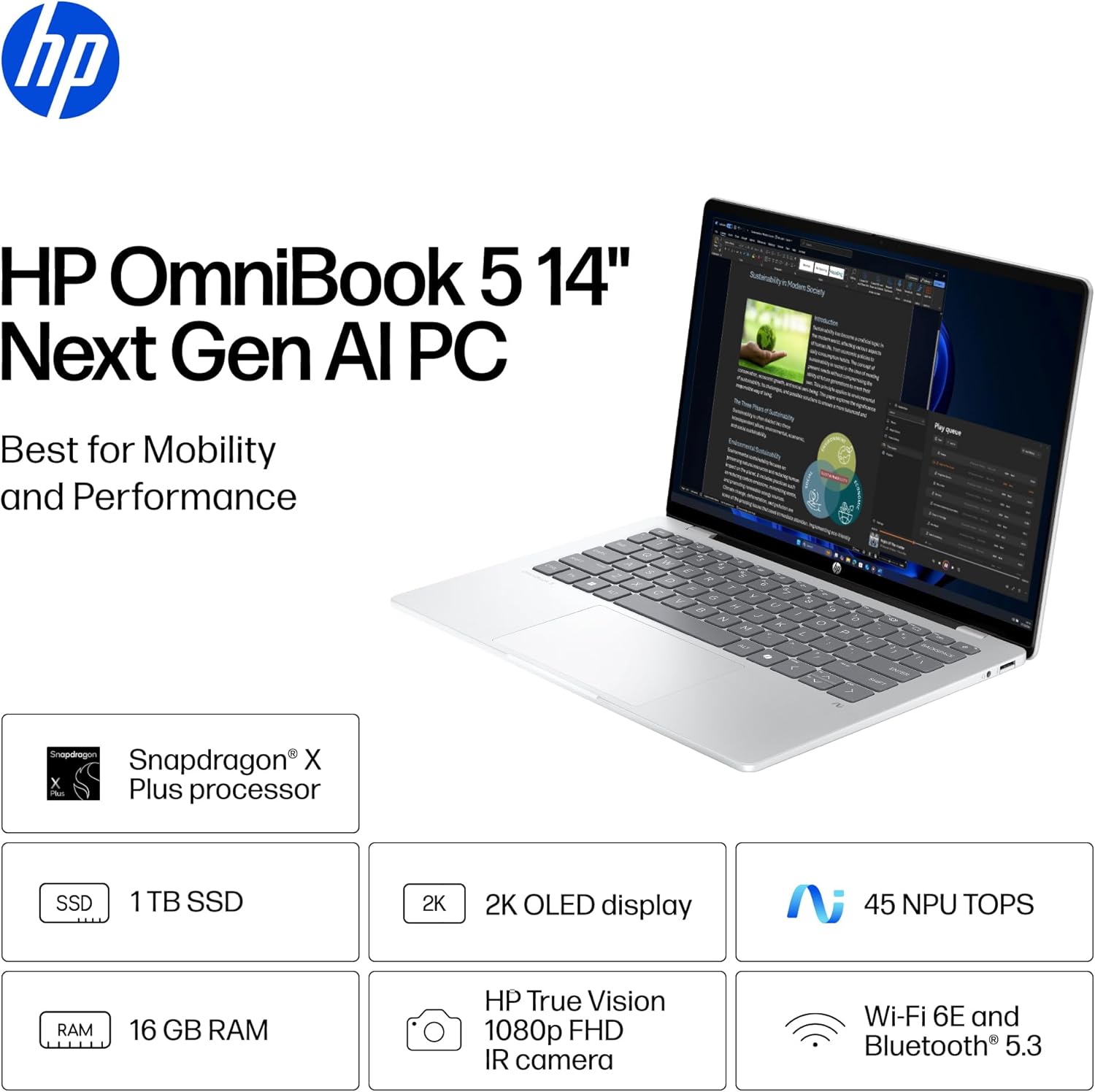 HP OmniBook 5 PC AI de próxima generación de 14 pulgadas, pantalla OLED, Snapdragon X Plus X1P-42-100, 16 GB de RAM, SSD de 1 TB, GPU Qualcomm Adreno, Windows 11 Home, PC Copilot+, Glacier Silver, 14
