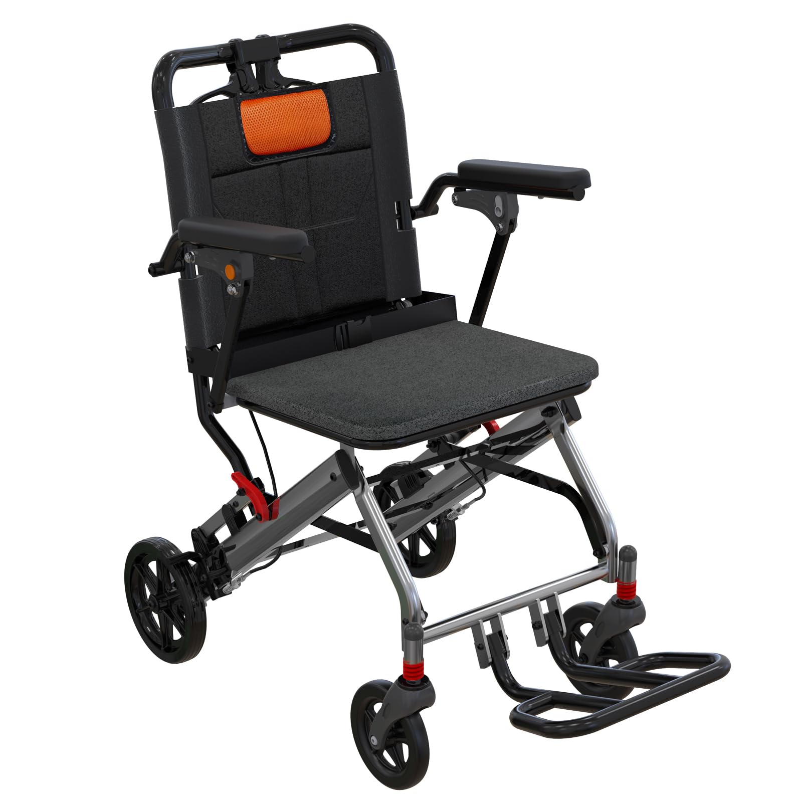 Silla de ruedas ultraligera para transporte de ancianos pesa solo 24 libras. Silla de transporte plegable portátil y ligera, con freno de mano con bloqueo, reposabrazos abatibles extraíbles, reposapiés oscilantes, soporta 220 libras.