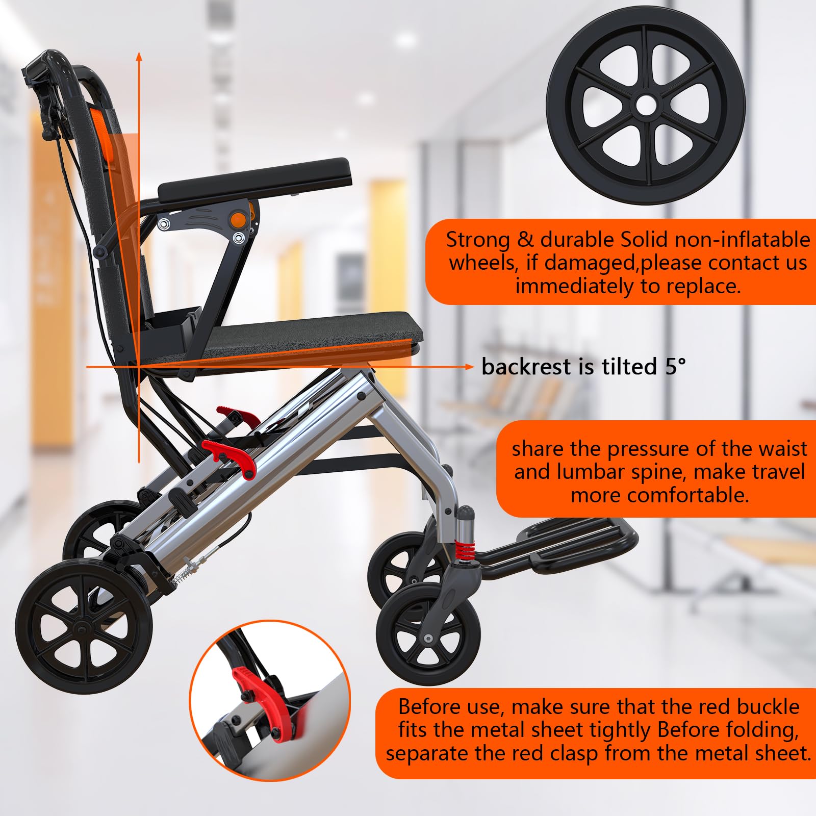Silla de ruedas ultraligera para transporte de ancianos pesa solo 24 libras. Silla de transporte plegable portátil y ligera, con freno de mano con bloqueo, reposabrazos abatibles extraíbles, reposapiés oscilantes, soporta 220 libras.
