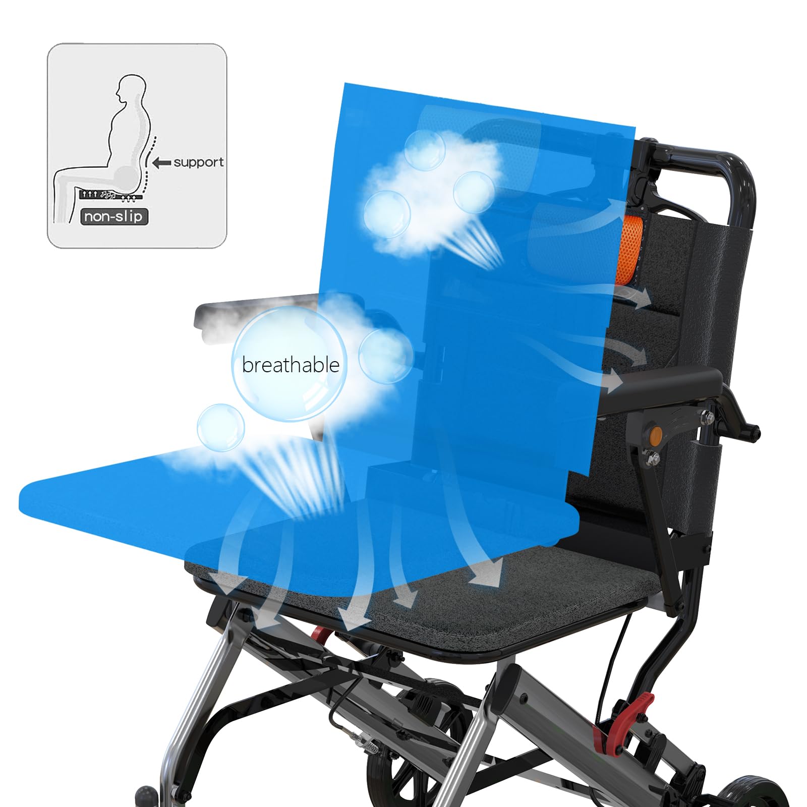 Silla de ruedas ultraligera para transporte de ancianos pesa solo 24 libras. Silla de transporte plegable portátil y ligera, con freno de mano con bloqueo, reposabrazos abatibles extraíbles, reposapiés oscilantes, soporta 220 libras.