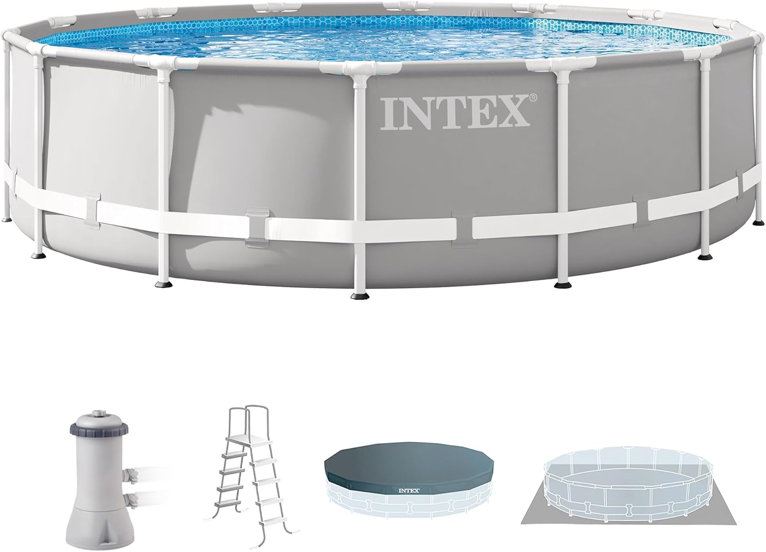 Intex 26723EH Set de piscina con marco en forma de prisma Premium sobre el suelo: 15 pies x 42 pulgadas – Incluye bomba de filtro de cartucho de 1000 GPH – Escalera removible – Cobertor de piscina