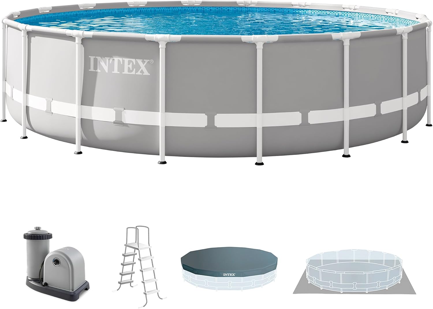 Intex 26723EH Set de piscina con marco en forma de prisma Premium sobre el suelo: 15 pies x 42 pulgadas – Incluye bomba de filtro de cartucho de 1000 GPH – Escalera removible – Cobertor de piscina