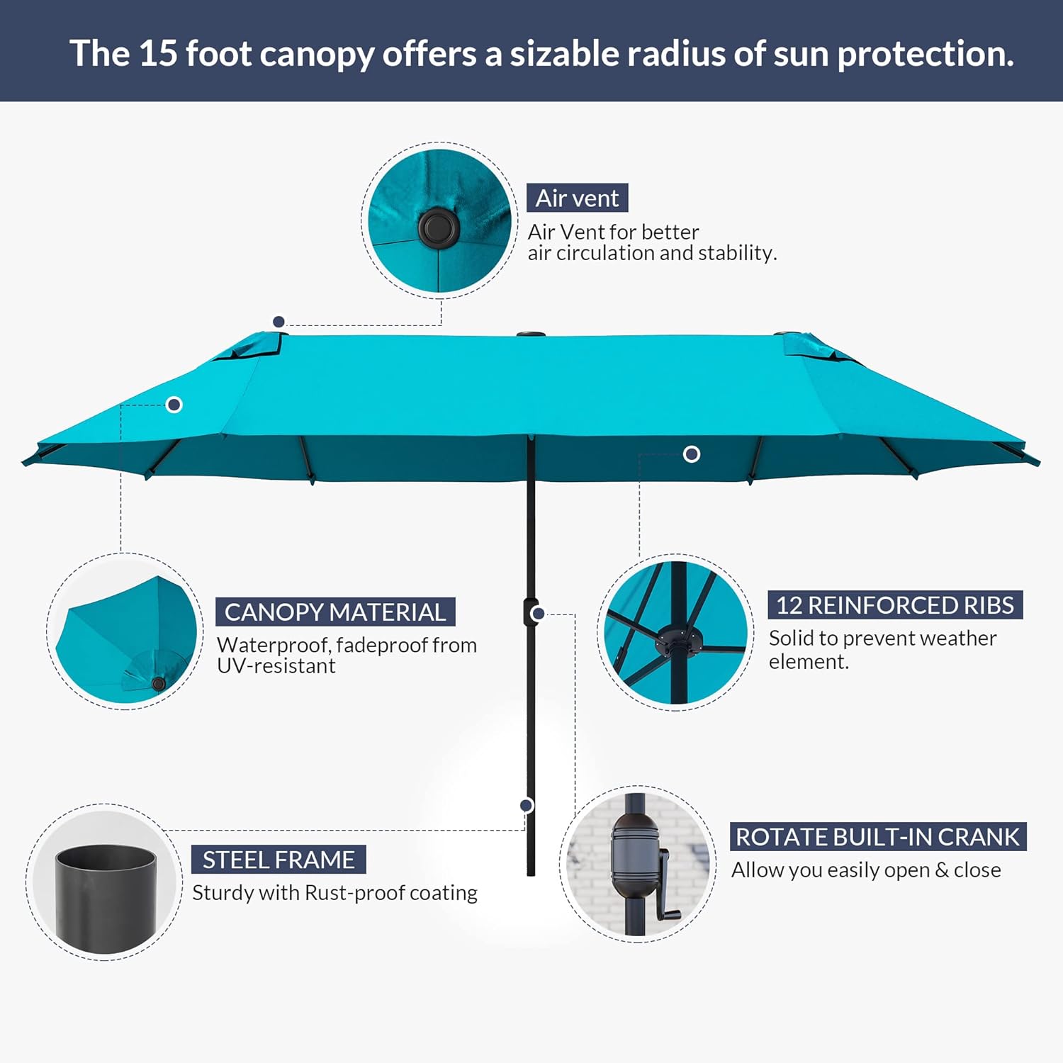 BELLEZE Sombrilla Grande para Patio de 15 Pies, sombrilla rectangular de exterior de doble cara con manivela, cubierta con protección UV para jardín, patio trasero, junto a la piscina o la playa – Azul cielo.