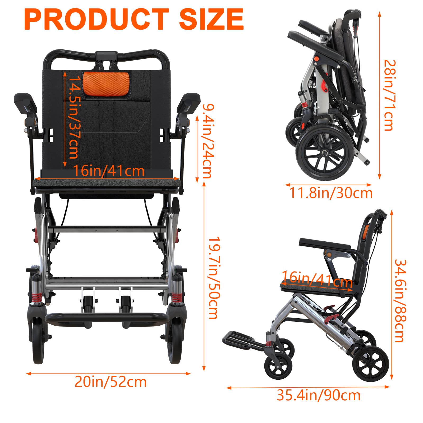 Silla de ruedas ultraligera para transporte de ancianos pesa solo 24 libras. Silla de transporte plegable portátil y ligera, con freno de mano con bloqueo, reposabrazos abatibles extraíbles, reposapiés oscilantes, soporta 220 libras.