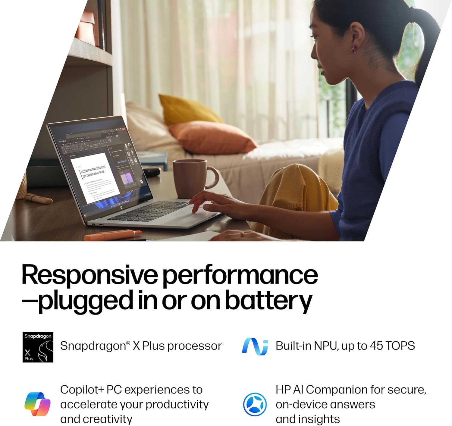 HP OmniBook 5 PC AI de próxima generación de 14 pulgadas, pantalla OLED, Snapdragon X Plus X1P-42-100, 16 GB de RAM, SSD de 1 TB, GPU Qualcomm Adreno, Windows 11 Home, PC Copilot+, Glacier Silver, 14