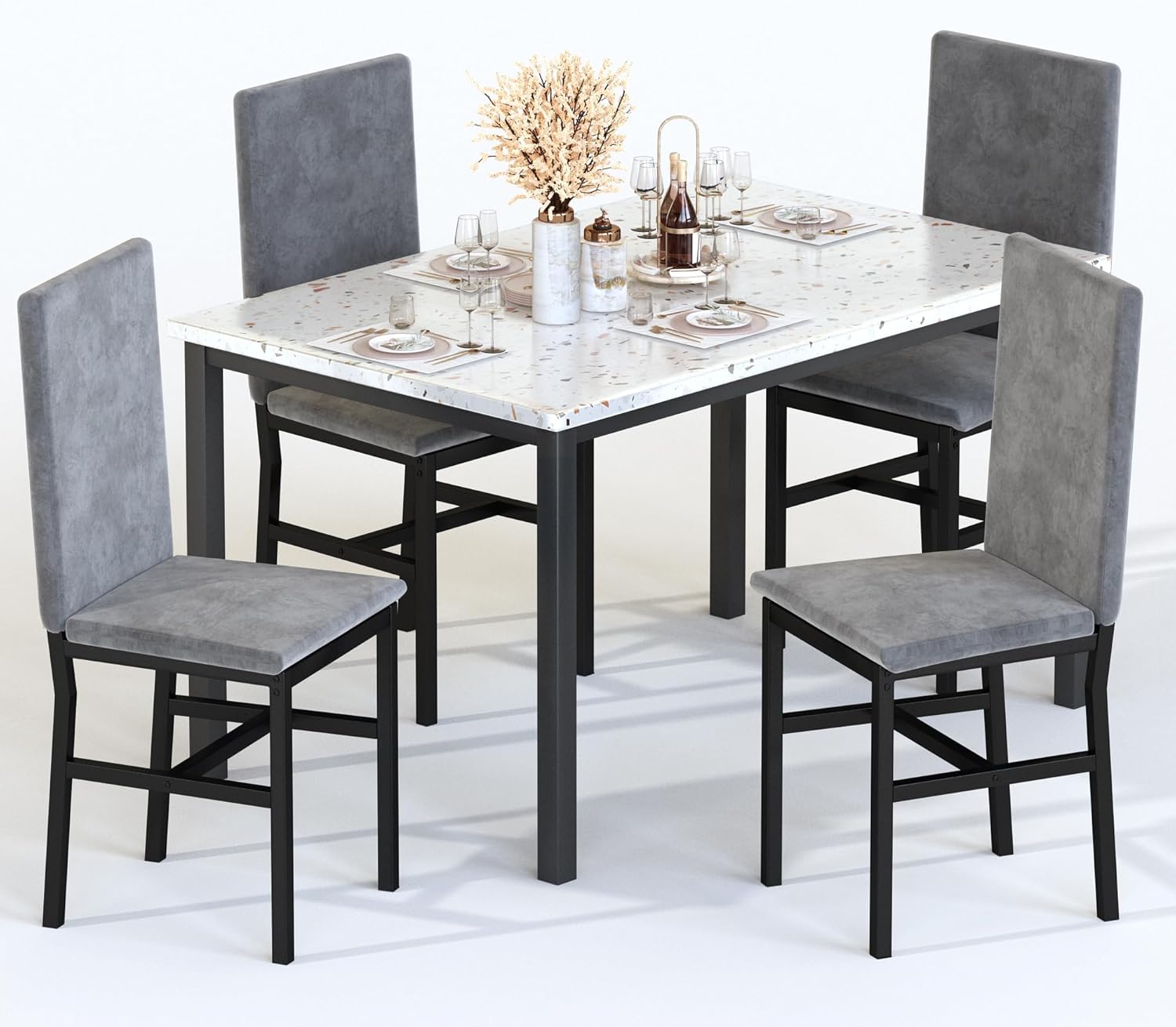 AWQM Isla de cocina con asiento y estante de almacenamiento, mesa de isla de mármol sintético para cocina, mesa de bar moderna y sillas para 2, juego de mesa de comedor para espacios pequeños, color