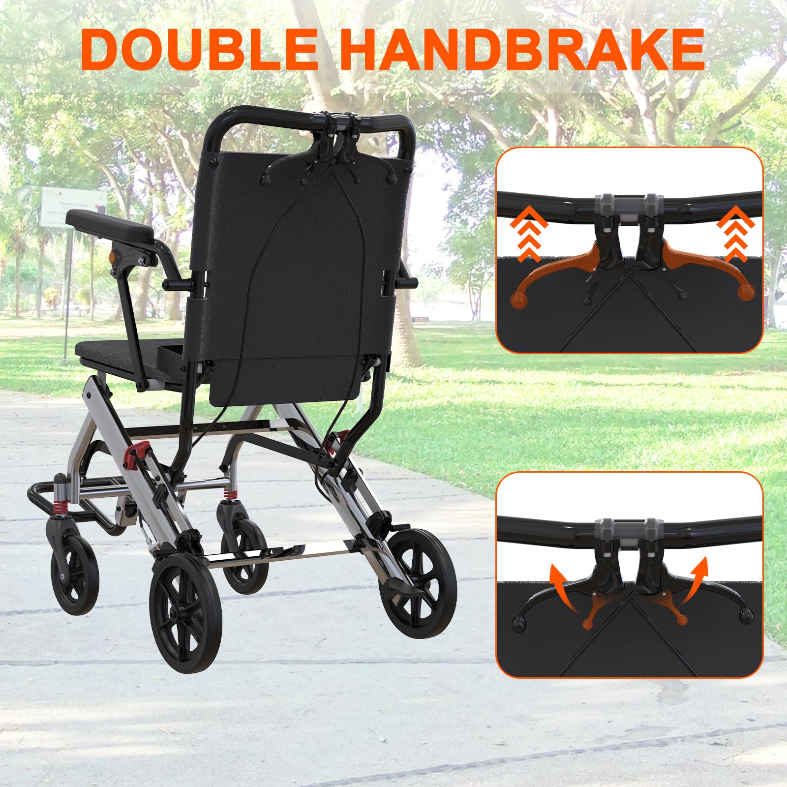 Silla de ruedas ultraligera para transporte de ancianos pesa solo 24 libras. Silla de transporte plegable portátil y ligera, con freno de mano con bloqueo, reposabrazos abatibles extraíbles, reposapiés oscilantes, soporta 220 libras.