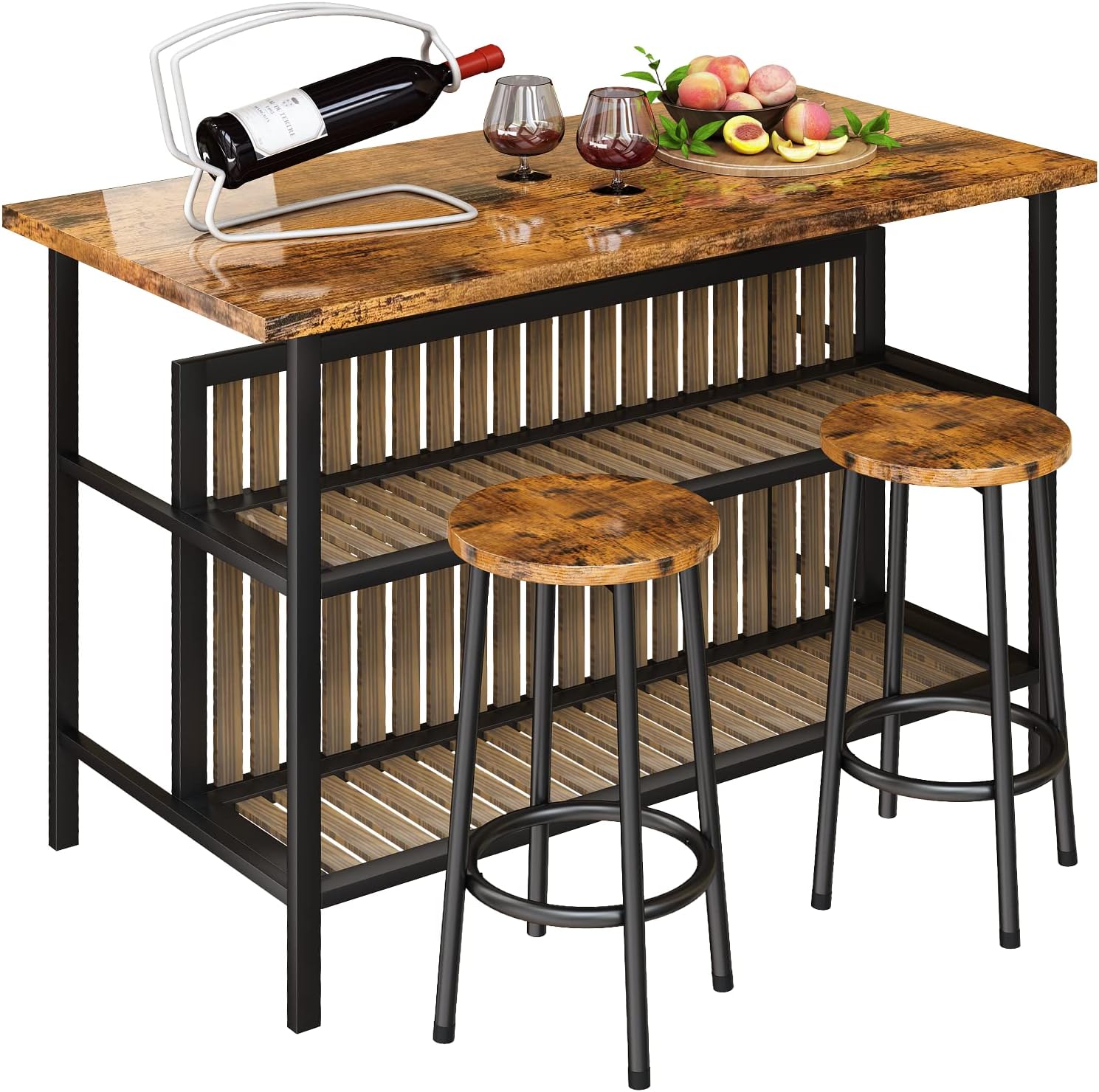 AWQM Isla de cocina con asiento y estante de almacenamiento, mesa de isla de mármol sintético para cocina, mesa de bar moderna y sillas para 2, juego de mesa de comedor para espacios pequeños, color