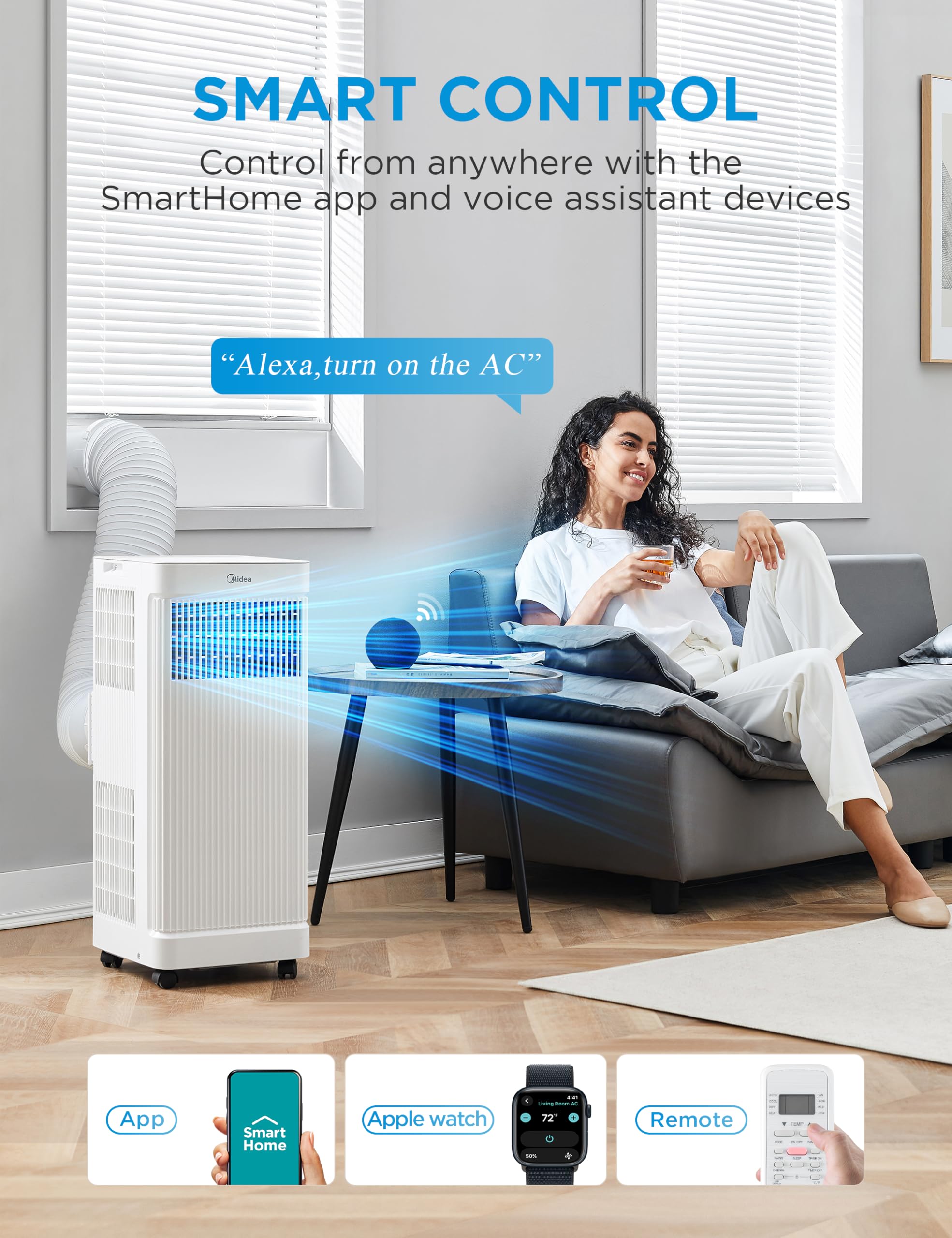Midea - Aire acondicionado portátil de 10,000 BTU ASHRAE (7,100 BTU SACC), control inteligente, enfría hasta 300 pies cuadrados, con deshumidificador y modo ventilador, control remoto fácil de usar y