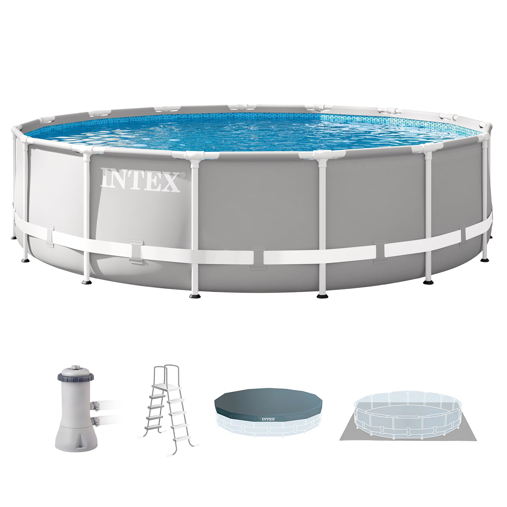 Intex 26723EH Set de piscina con marco en forma de prisma Premium sobre el suelo: 15 pies x 42 pulgadas – Incluye bomba de filtro de cartucho de 1000 GPH – Escalera removible – Cobertor de piscina