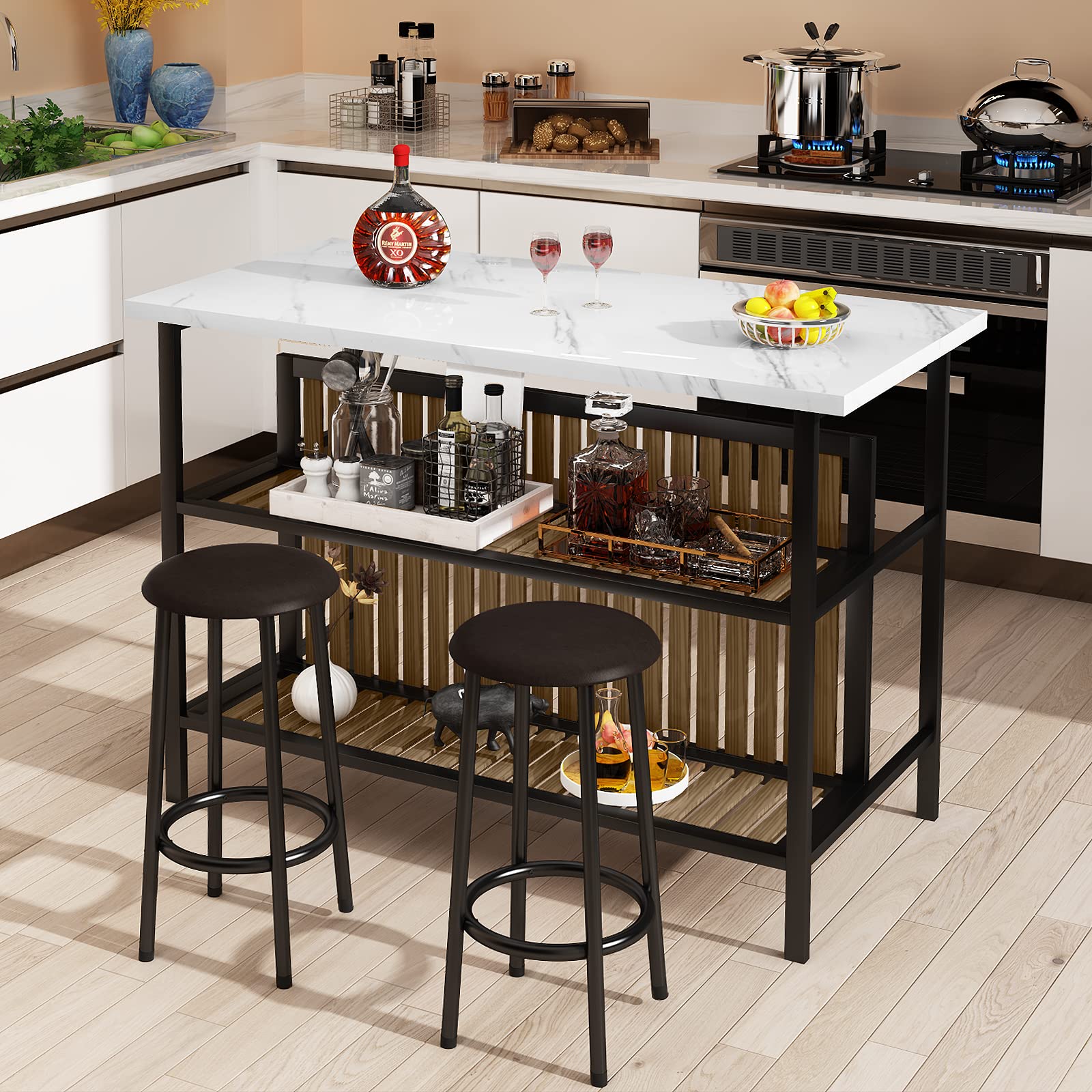 AWQM Isla de cocina con asiento y estante de almacenamiento, mesa de isla de mármol sintético para cocina, mesa de bar moderna y sillas para 2, juego de mesa de comedor para espacios pequeños, color