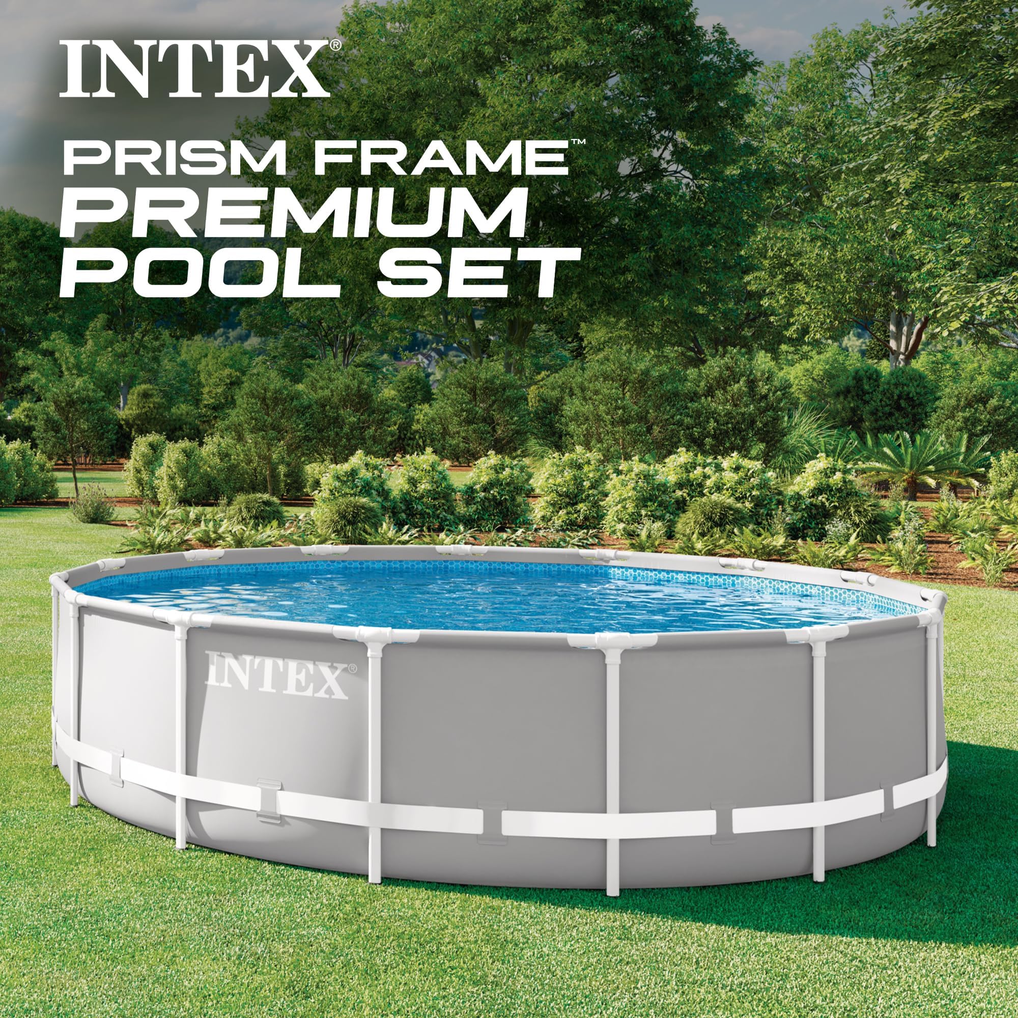 Intex 26723EH Set de piscina con marco en forma de prisma Premium sobre el suelo: 15 pies x 42 pulgadas – Incluye bomba de filtro de cartucho de 1000 GPH – Escalera removible – Cobertor de piscina