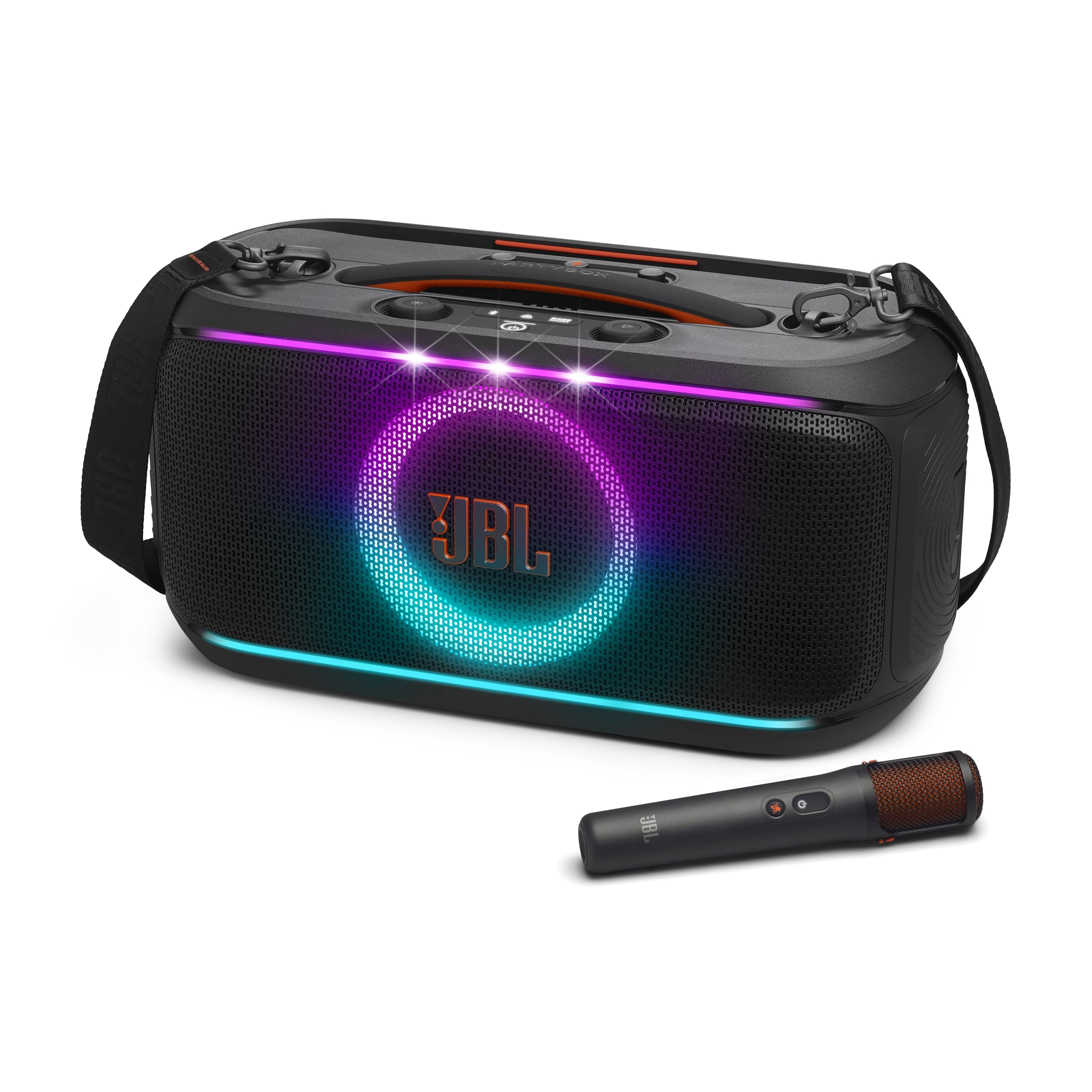 JBL PartyBox On-The-Go 2 - Altavoz portátil para fiestas con un micrófono digital inalámbrico, mango y correa para el hombro, espectáculo de luces dinámico, hasta 15 horas de reproducción, a prueba de salpicaduras y Auracast™ (negro)