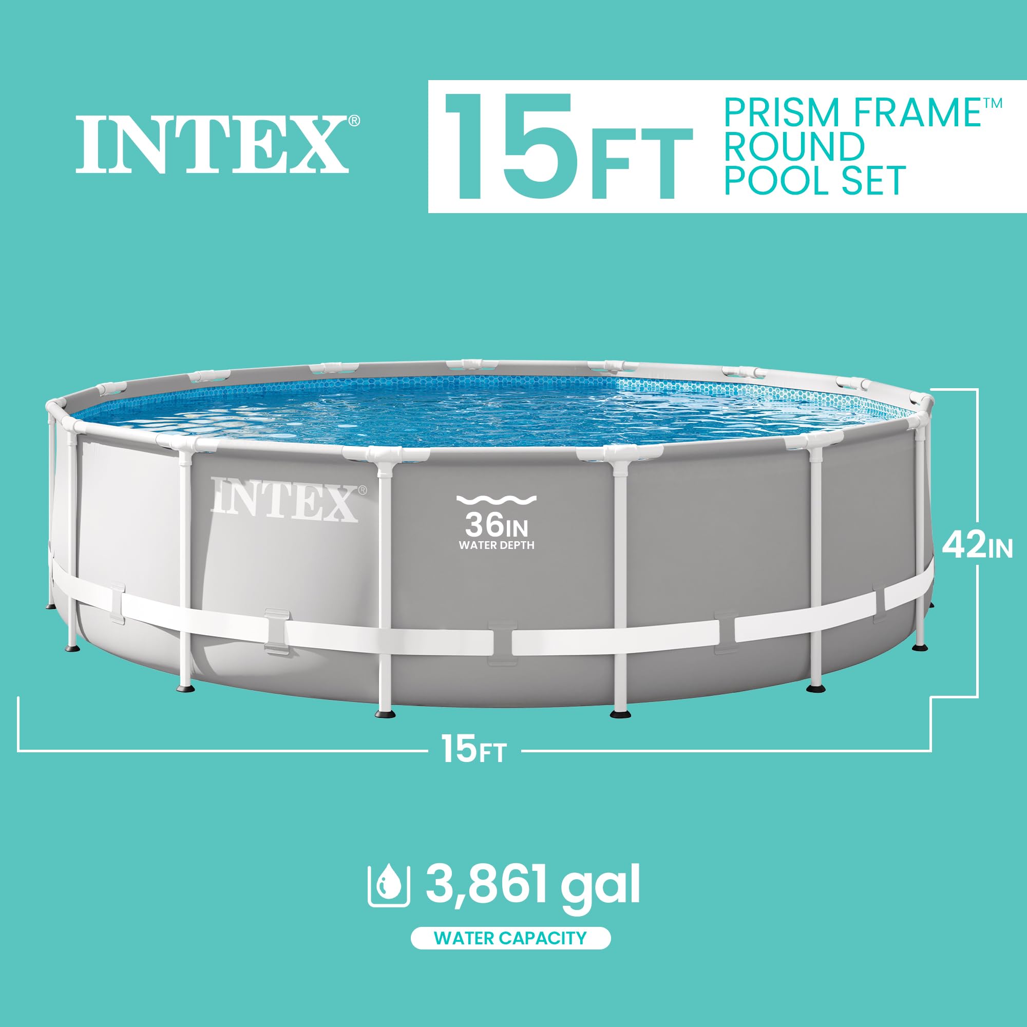 Intex 26723EH Set de piscina con marco en forma de prisma Premium sobre el suelo: 15 pies x 42 pulgadas – Incluye bomba de filtro de cartucho de 1000 GPH – Escalera removible – Cobertor de piscina