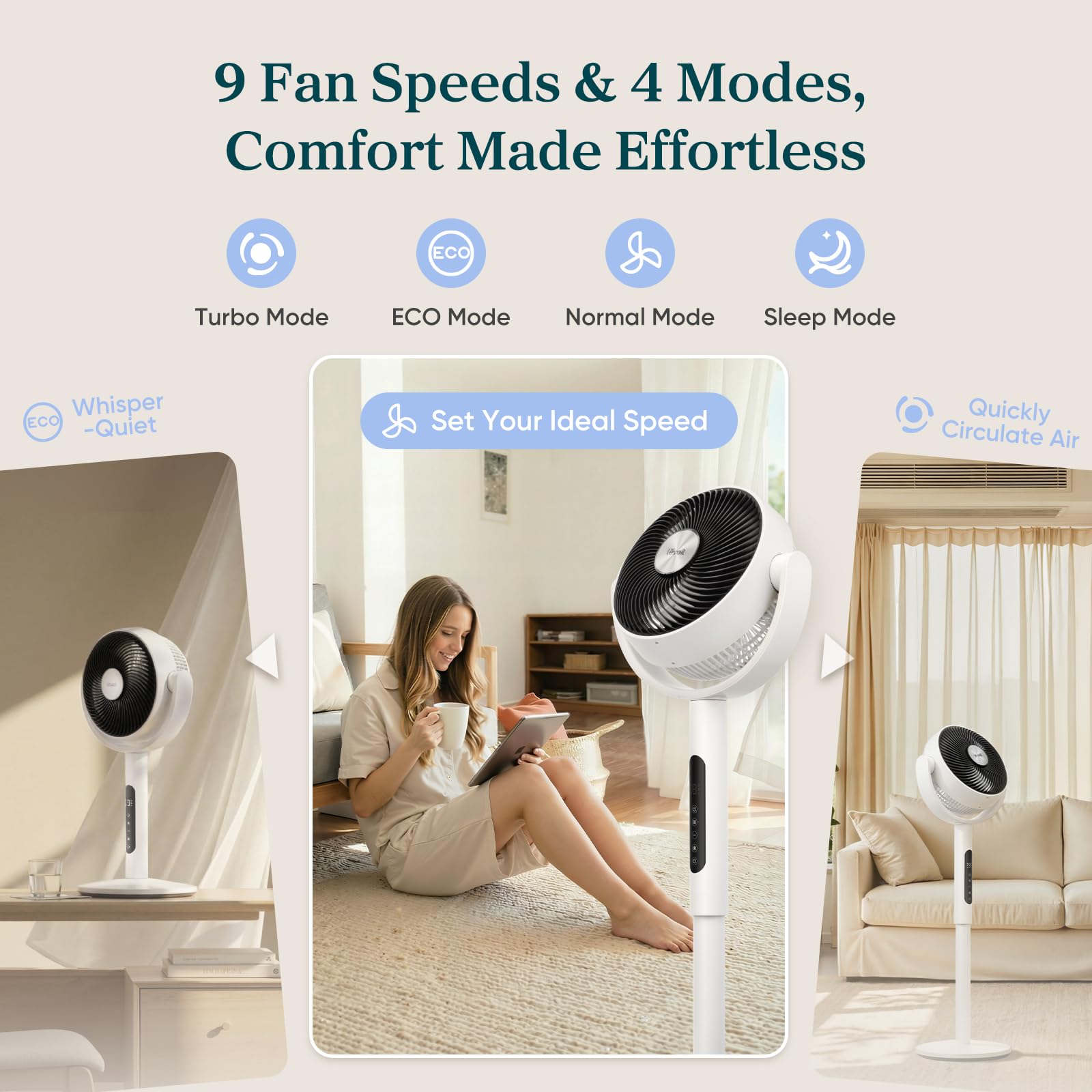 Levoit Ventilador de pie para dormitorio, CirculAir oscilante de 120°, silencioso 20dB, 9 velocidades, 4 modos, motor de CC, pedestal y mesa 2 en 1, 82 pies, control remoto, sensor, temporizador de 9H