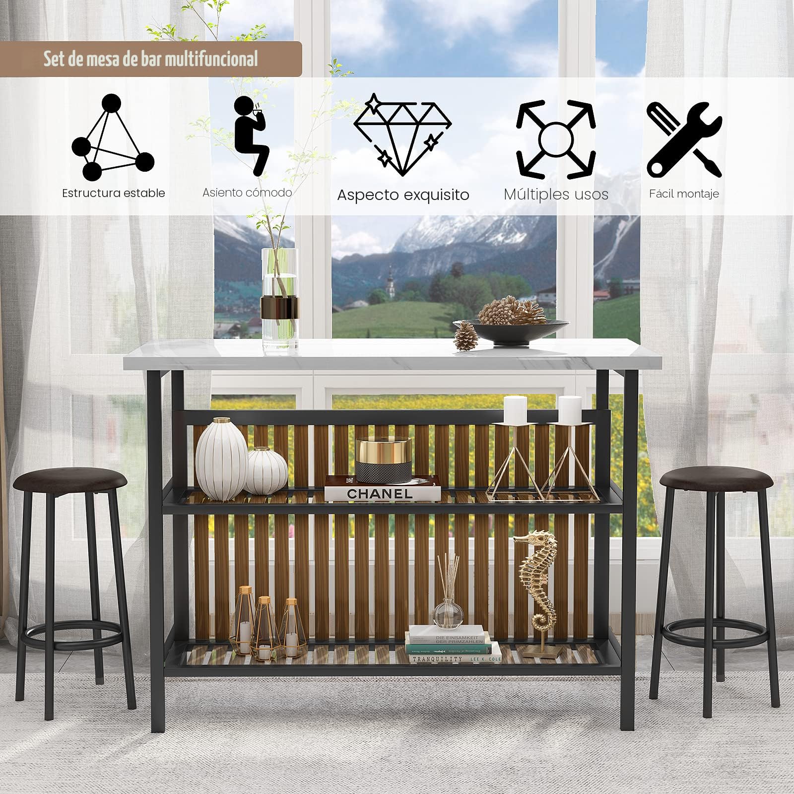 AWQM Isla de cocina con asiento y estante de almacenamiento, mesa de isla de mármol sintético para cocina, mesa de bar moderna y sillas para 2, juego de mesa de comedor para espacios pequeños, color