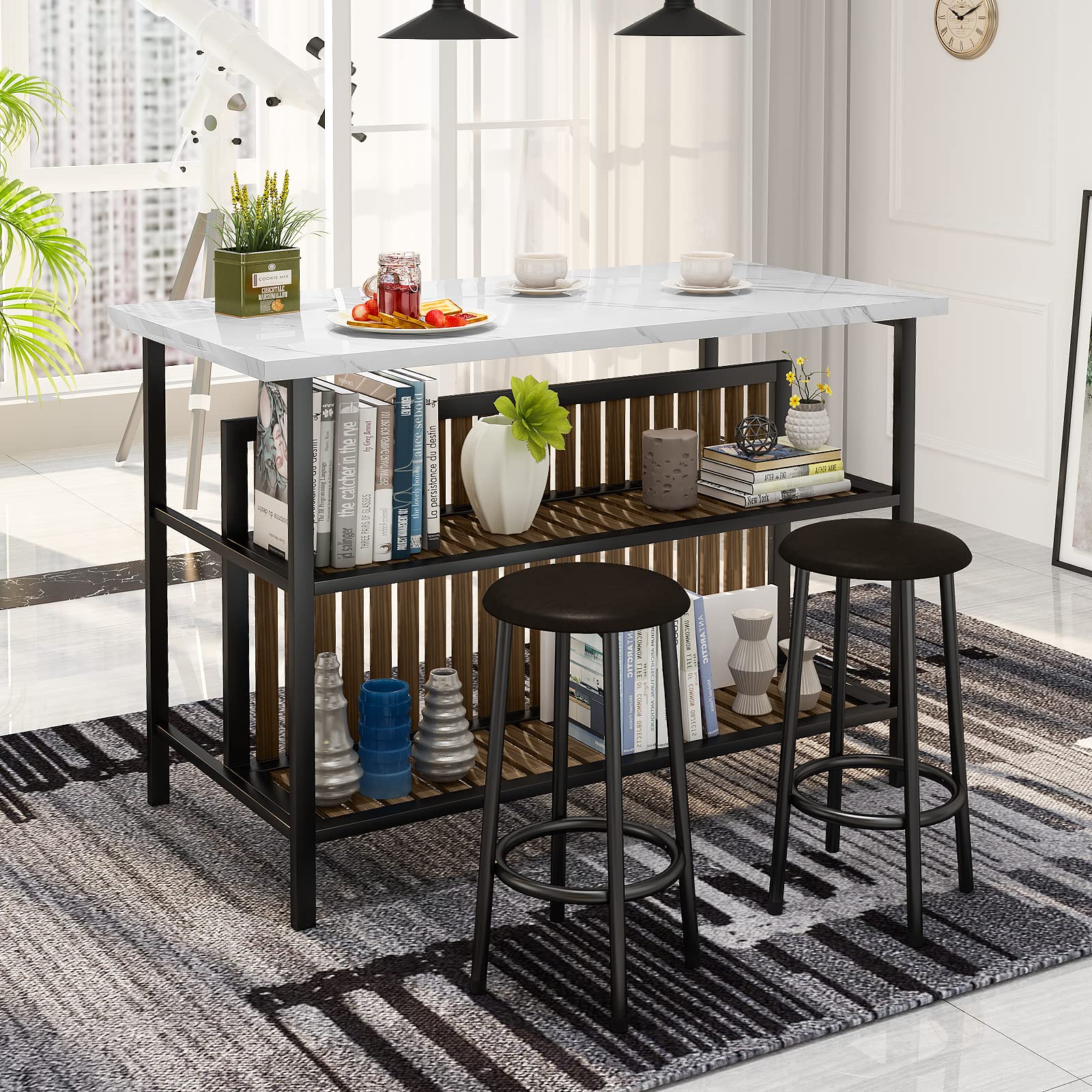 AWQM Isla de cocina con asiento y estante de almacenamiento, mesa de isla de mármol sintético para cocina, mesa de bar moderna y sillas para 2, juego de mesa de comedor para espacios pequeños, color