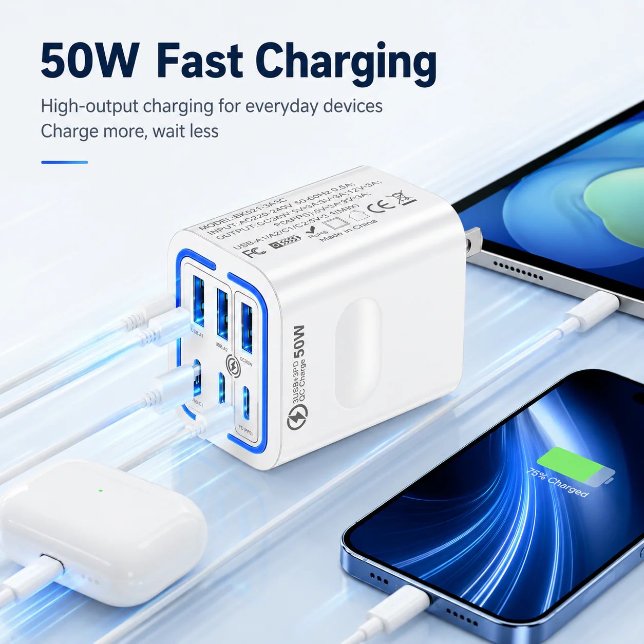🔌 Prenosná nabíjacia stanica 50W, 6 portov USB-A + USB-C