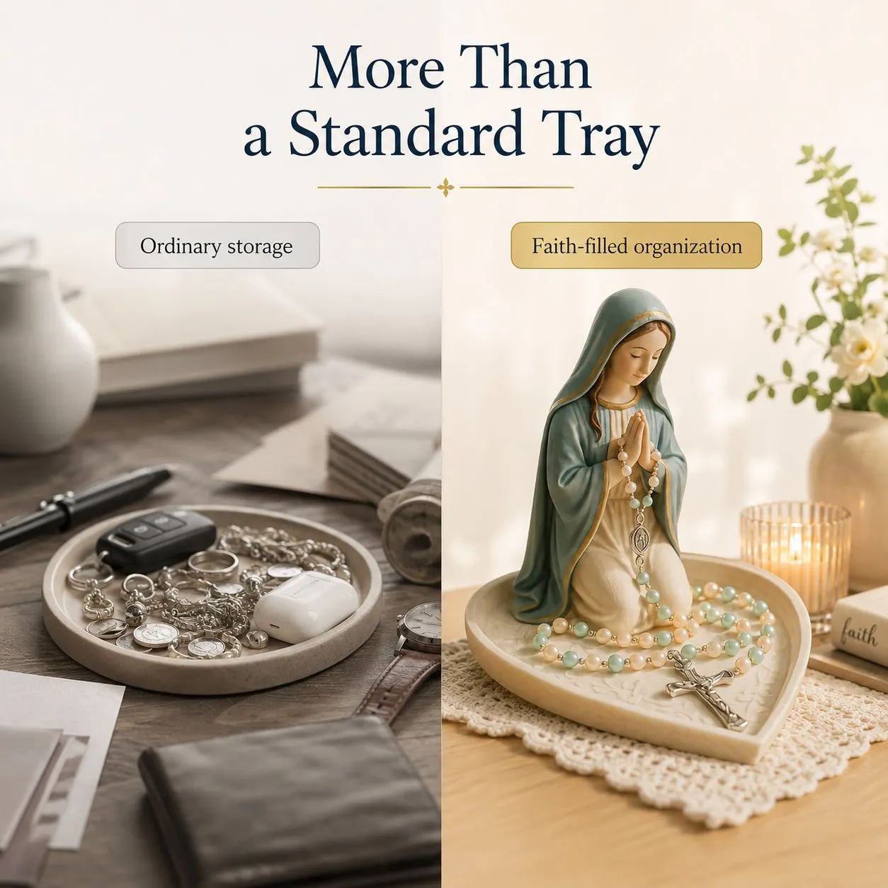✝️ VÝPREDAJ 50% ZĽAVA - Keramický držiak na ruženec s motívom Panny Márie Graceful Faith a tácka na pamiatky