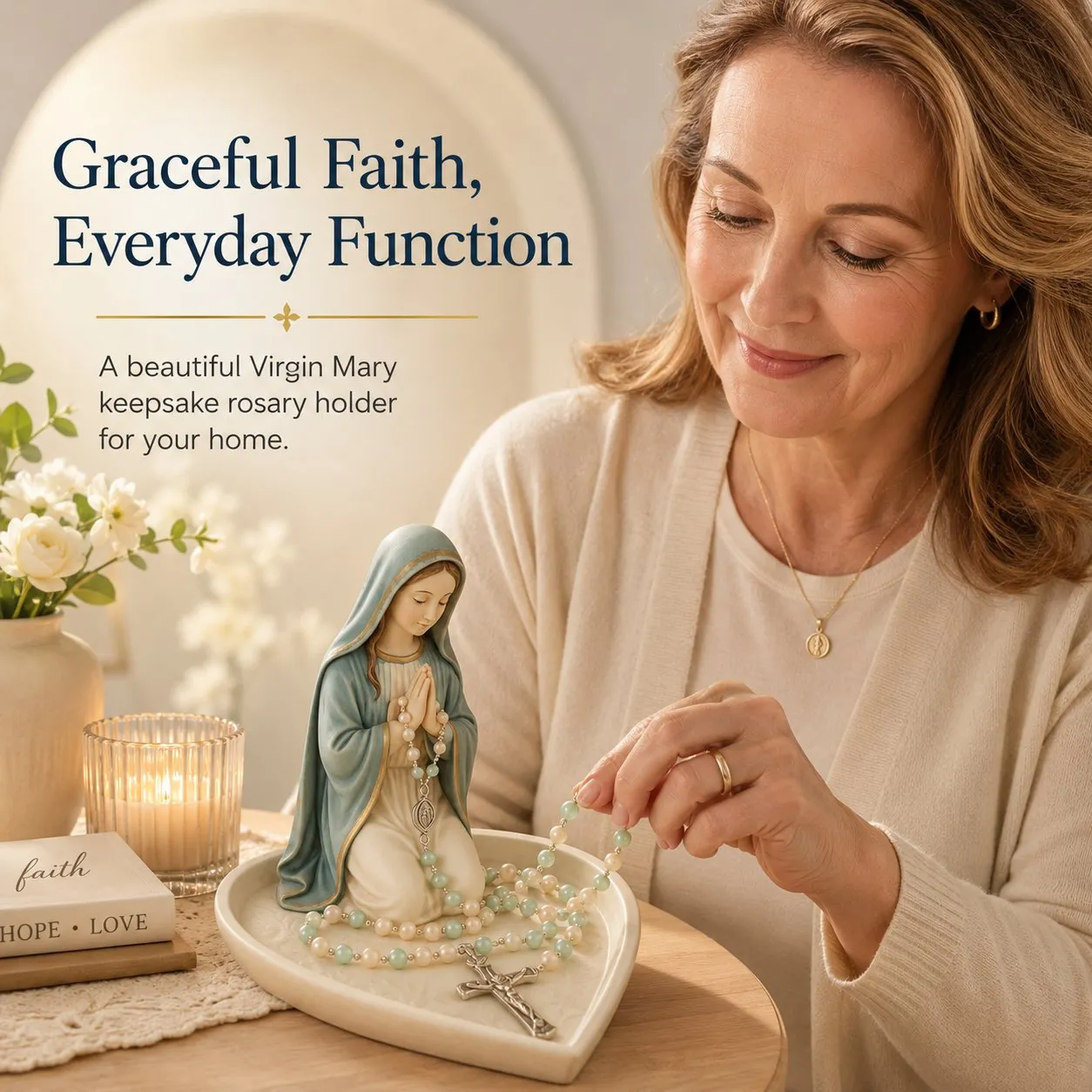 ✝️ VÝPREDAJ 50% ZĽAVA - Keramický držiak na ruženec s motívom Panny Márie Graceful Faith a tácka na pamiatky