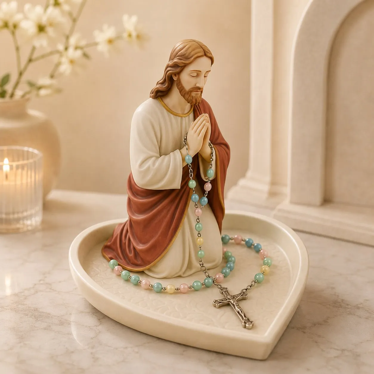 ✝️ VÝPREDAJ 50% ZĽAVA - Keramický držiak na ruženec s motívom Panny Márie Graceful Faith a tácka na pamiatky