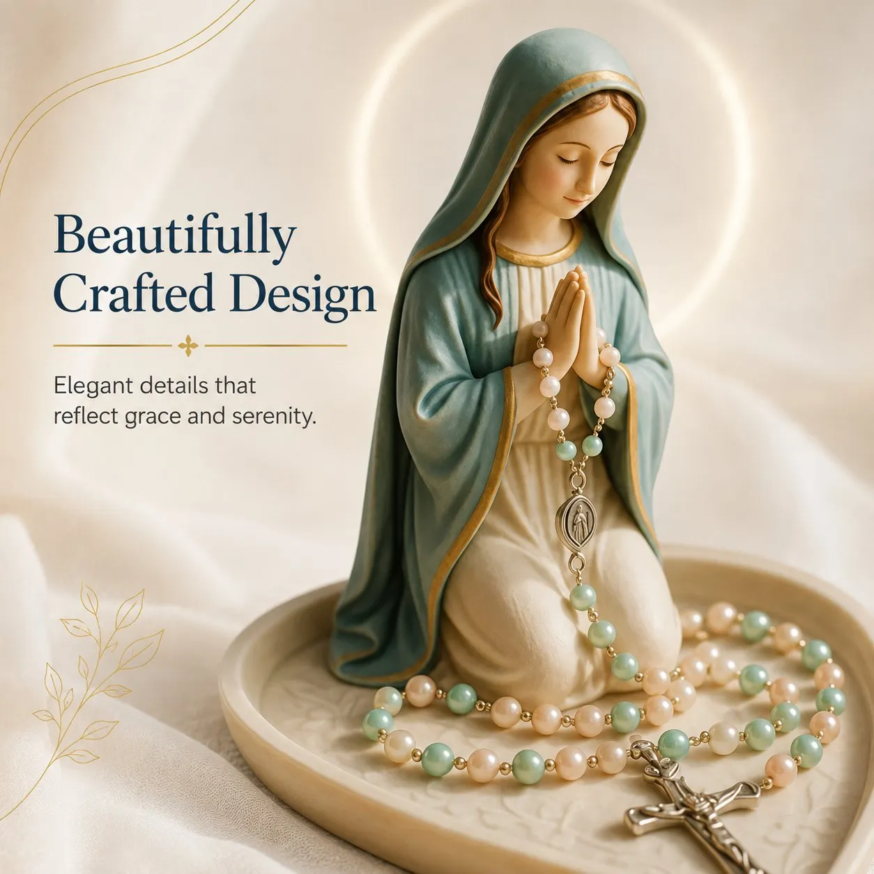 ✝️ VÝPREDAJ 50% ZĽAVA - Keramický držiak na ruženec s motívom Panny Márie Graceful Faith a tácka na pamiatky