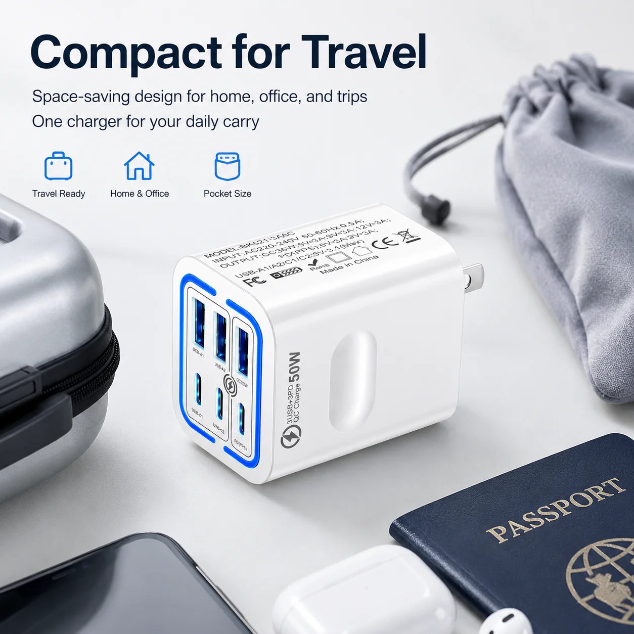 🔌 Prenosná nabíjacia stanica 50W, 6 portov USB-A + USB-C