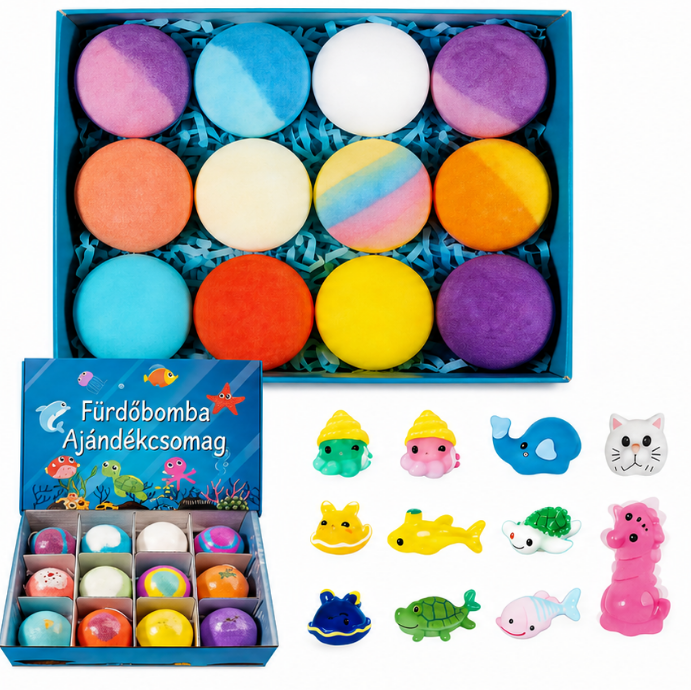 💖🛁🐣 Gyerek fürdőbombák – 12 vidám fürdőbomba rejtett meglepetés játékokkal! 🎁✨