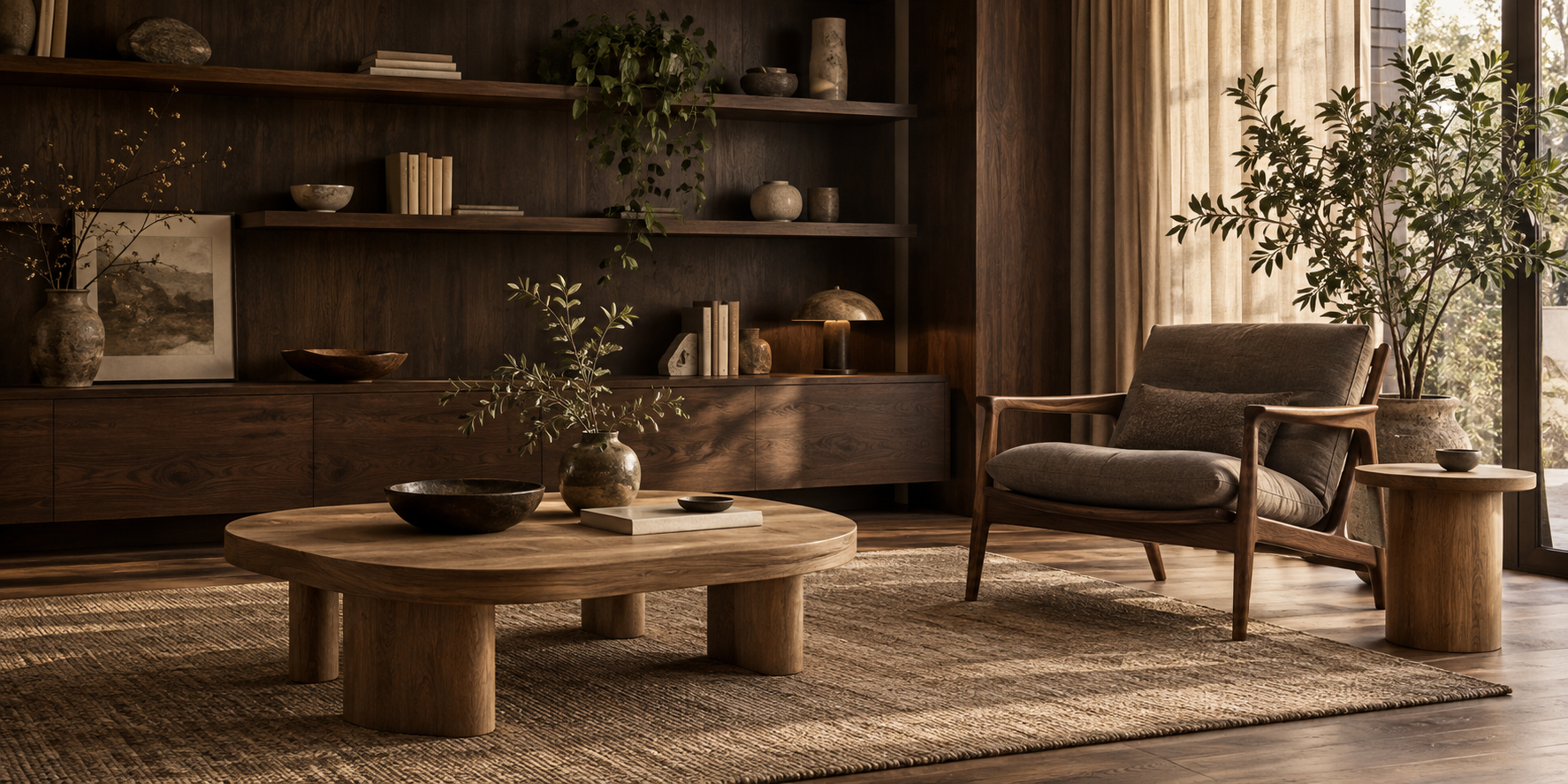 Warm walnut shelving, a compact coffee table and a lounge chair in a sunlit room
