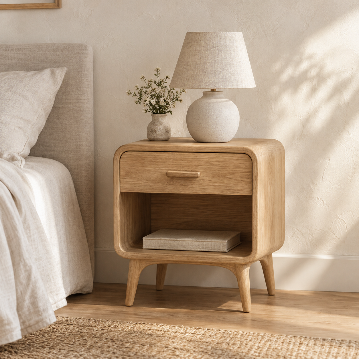 Pale oak bedside cabinet in a calm bedroom