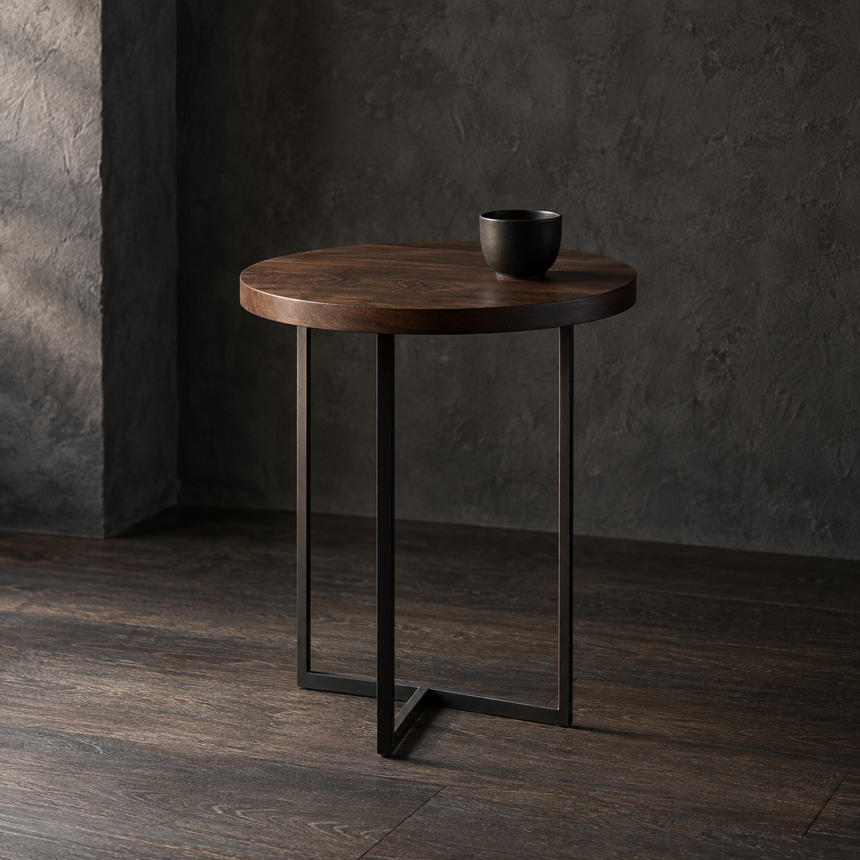 Sculptural dark walnut and black metal side table