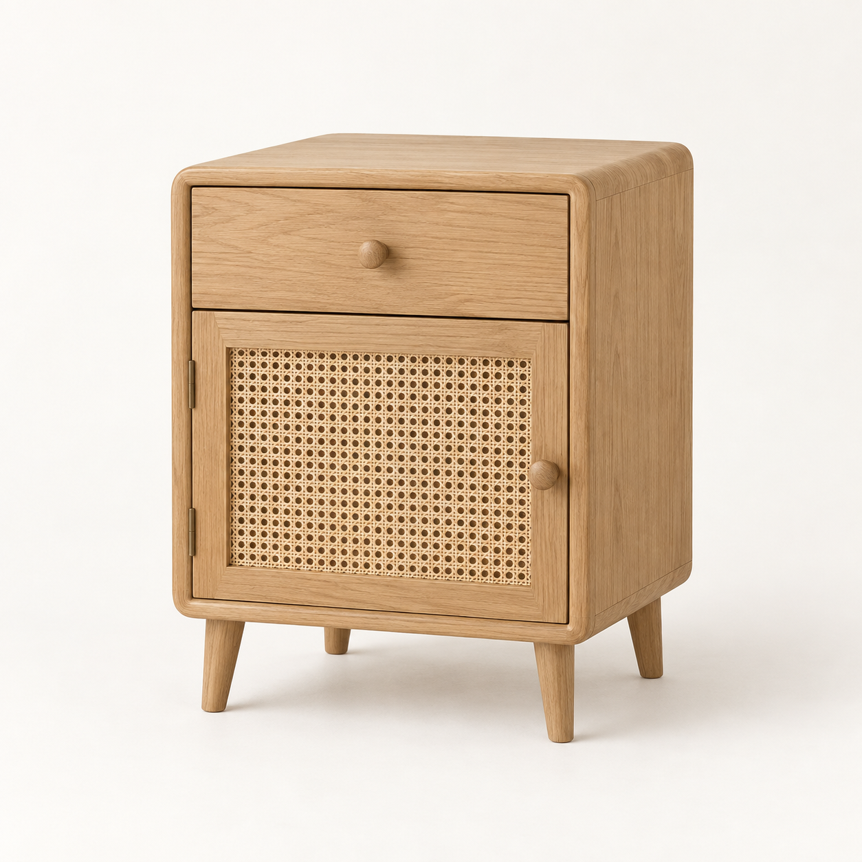 Cane Oak Bedside Cabinet on a warm neutral background