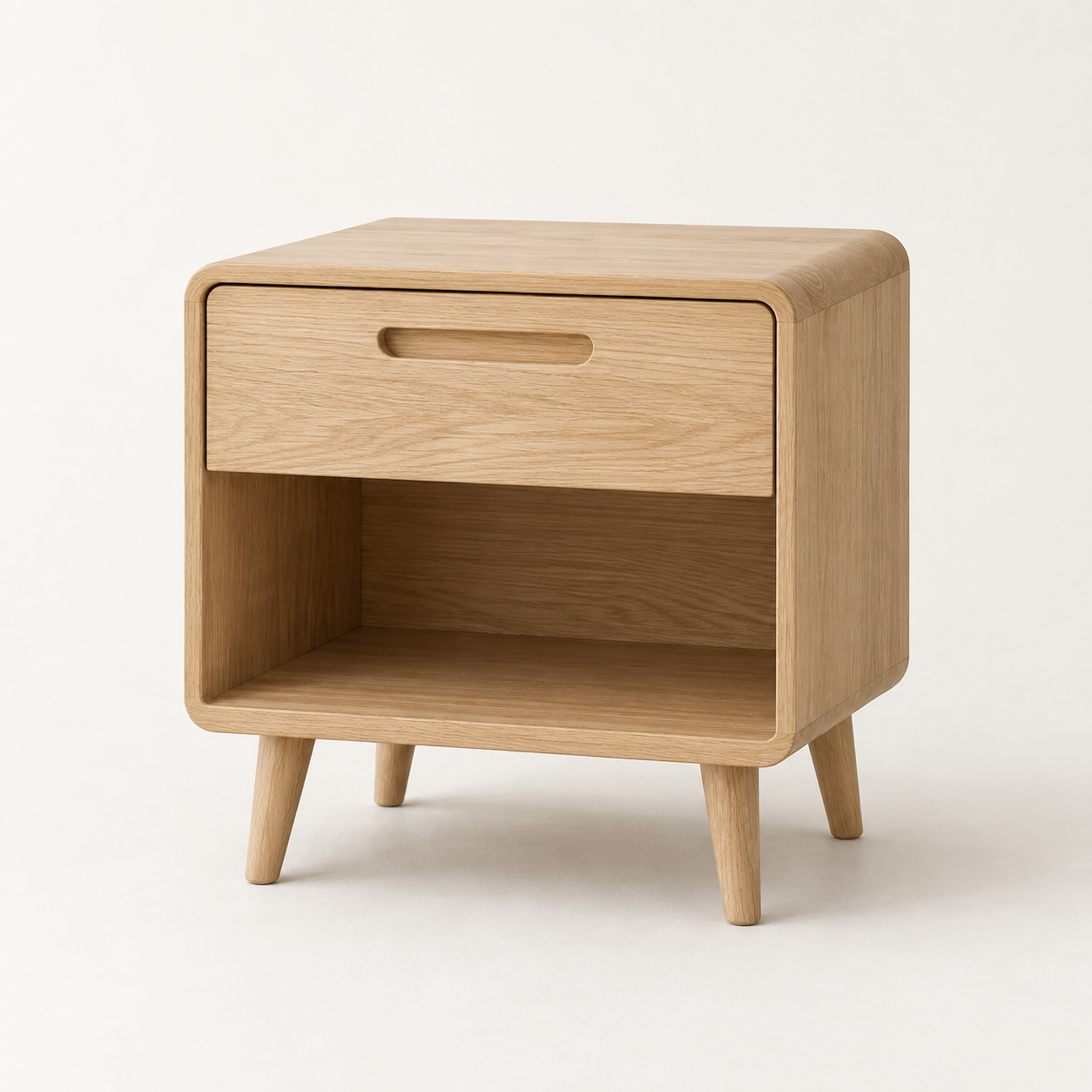 Rounded Oak Nightstand on a warm neutral background