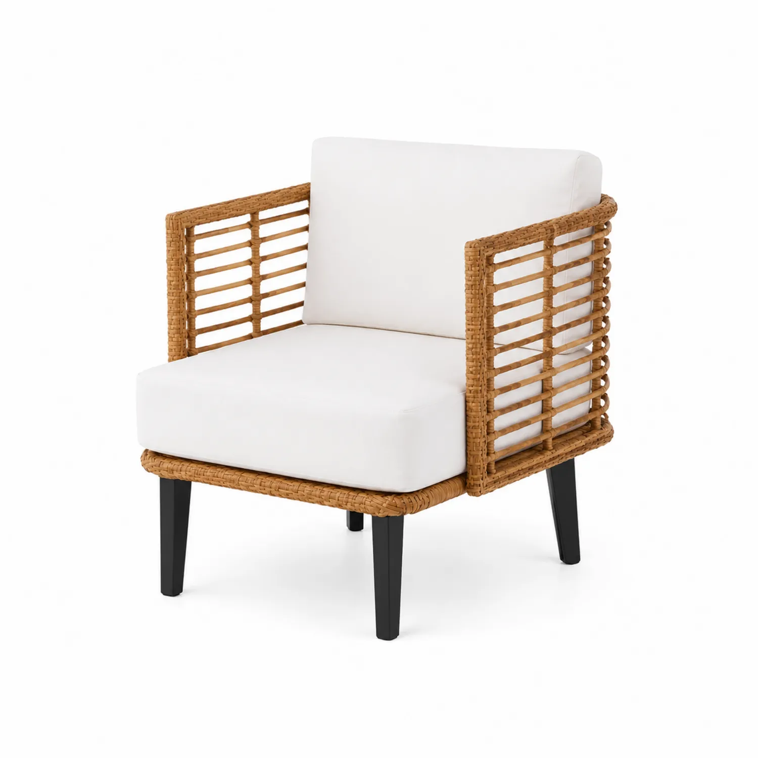 Rattan-Sessel mit Metallbeinen und Stoffpolstern