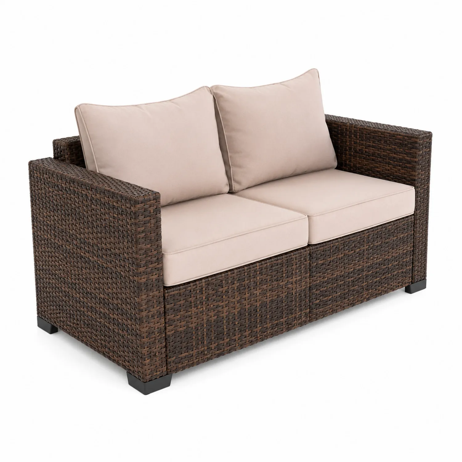 Rattan Zweisitzer Sofa Braun mit Beigen Kissen