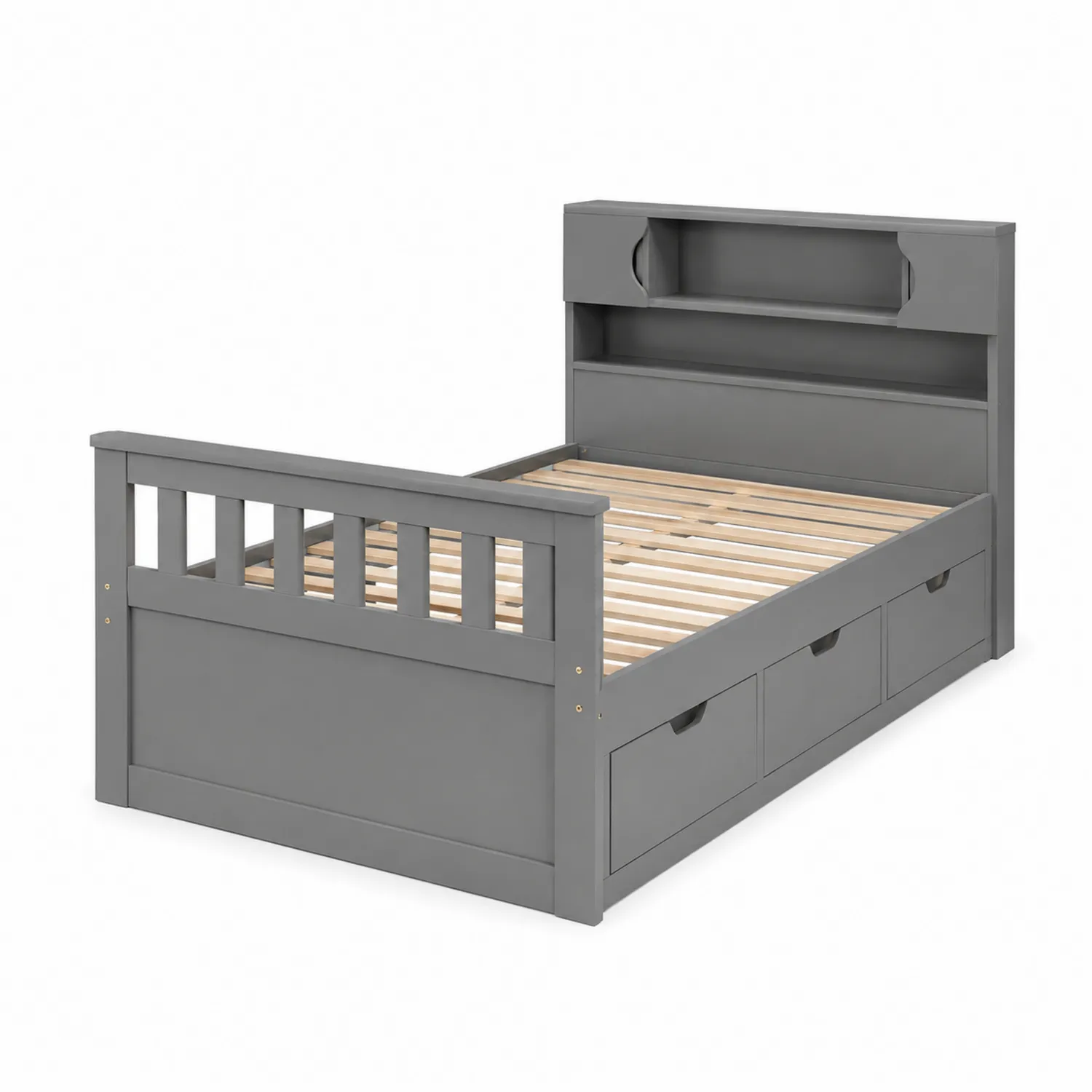 Graues Holzbett mit Regal und Schubladen 200x90 cm