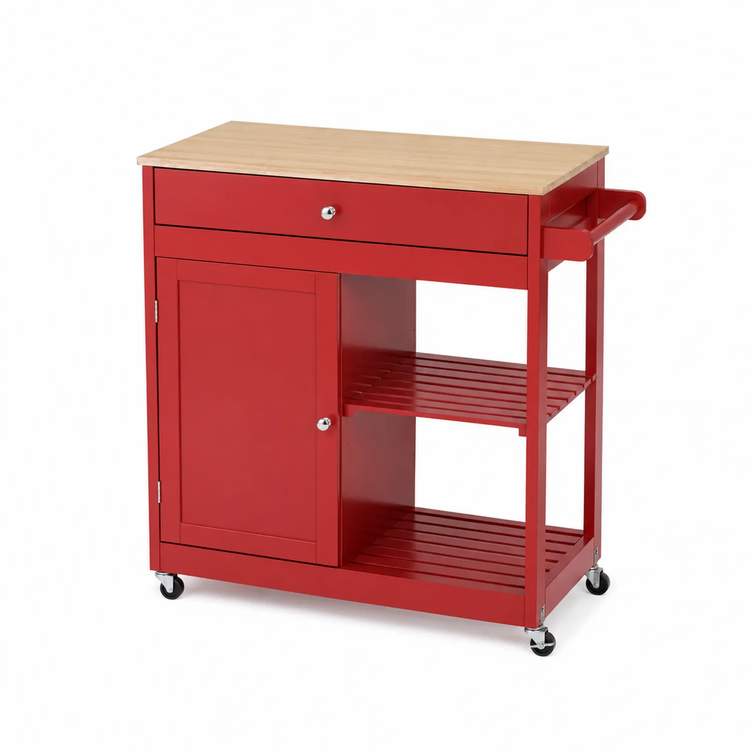 Küchenwagen aus Holz und Metall mit Schublade und Regalen in Rot