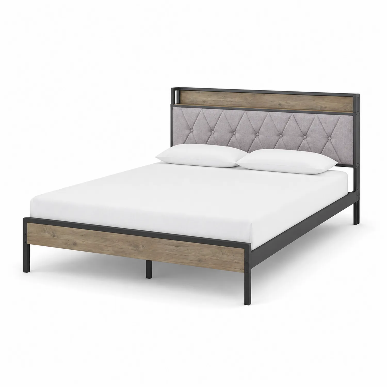 Metallbett Grau mit Holzoptik und Polsterkopfteil 200x180 cm