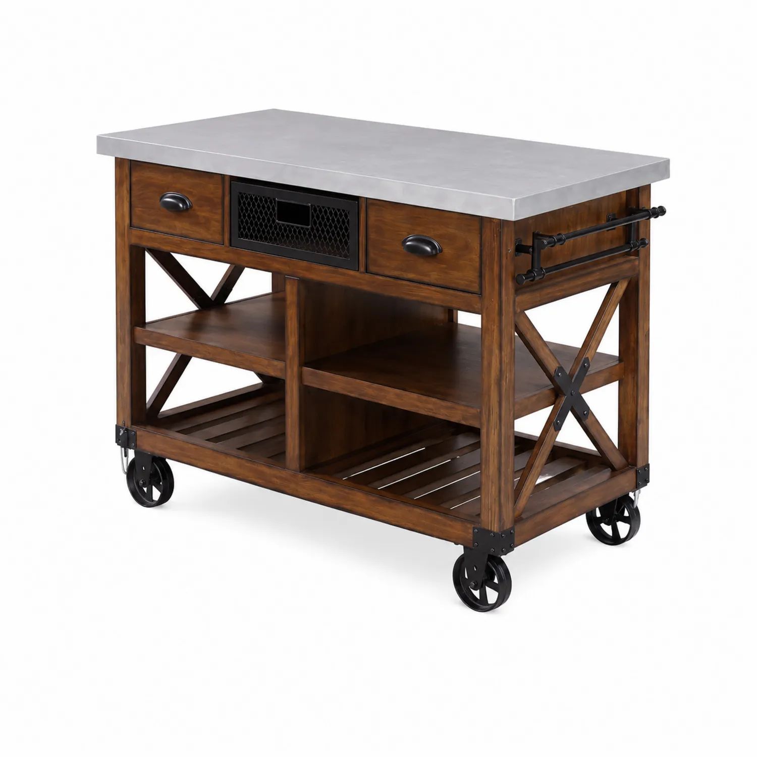 Küchenwagen aus Holz mit Edelstahlplatte, Braun, 4 Rollen