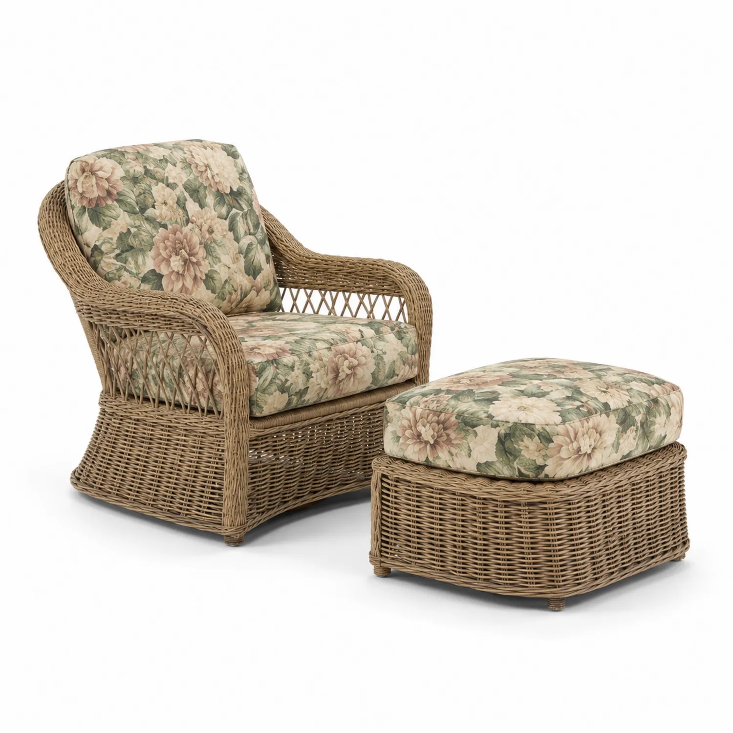 Rattan Clubsessel Set mit Blumenmuster Kissen