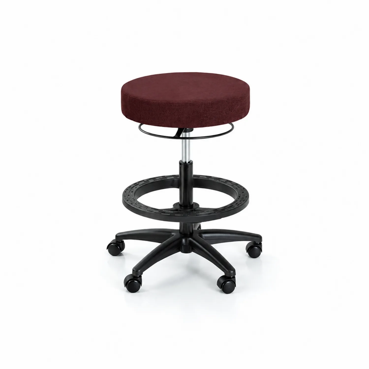 Runder Bürohocker mit Rollen, höhenverstellbar, Metall und Kunststoff, Weinrot