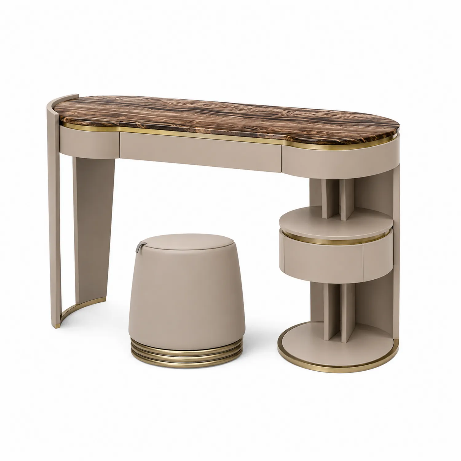 Schminktisch Set mit Hocker aus Holzfurnier und Kunstleder in Beige und Gold