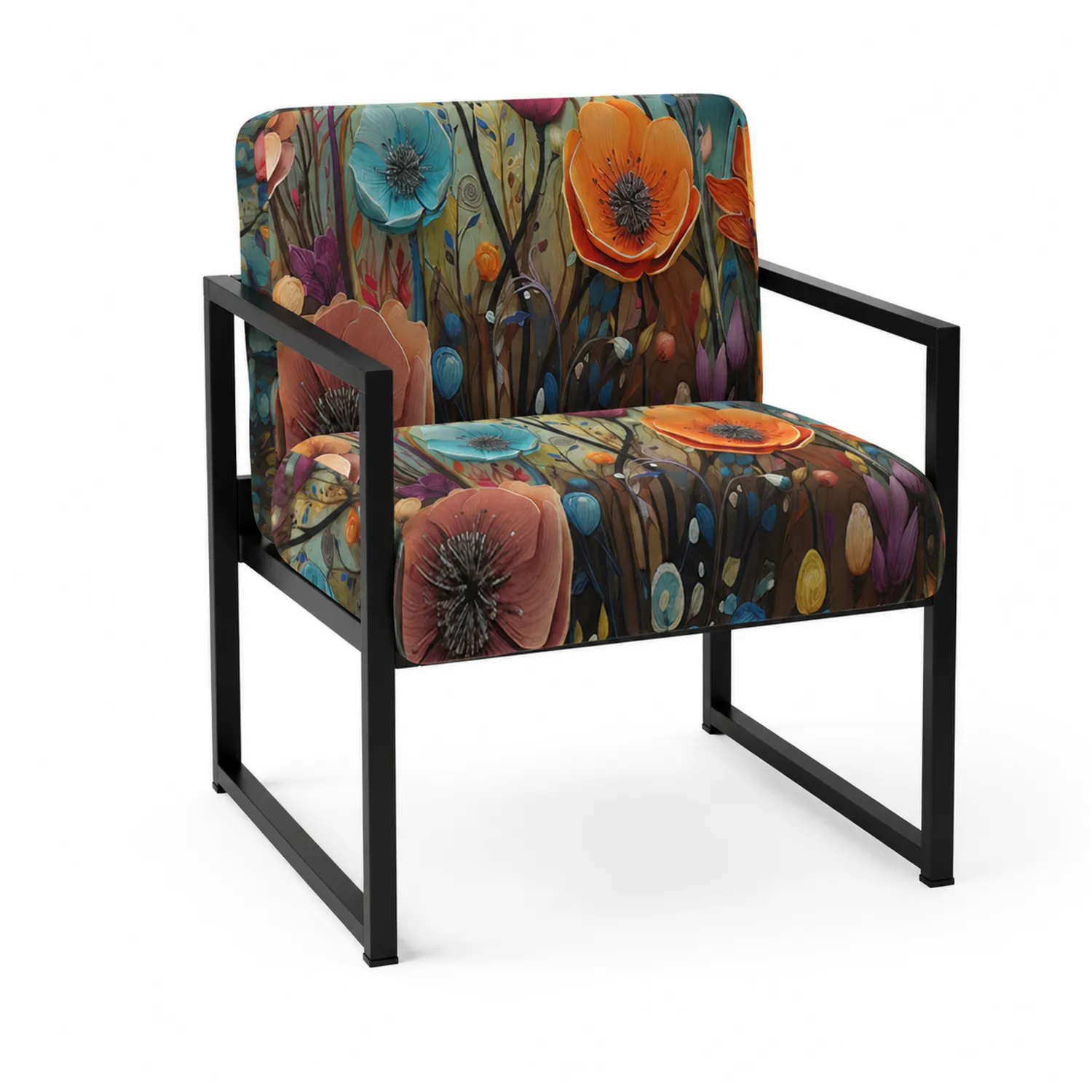 Stuhl mit Blumenmuster Stoffbezug und Metallrahmen