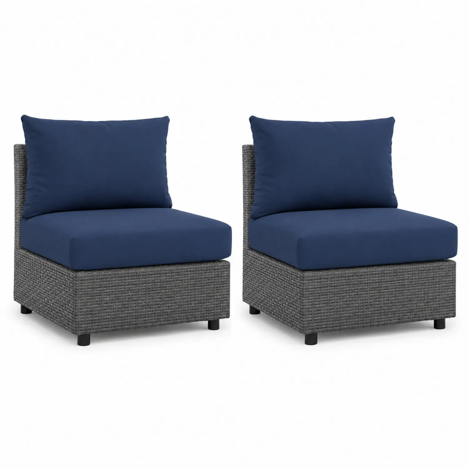 2-teiliges Polyrattan-Loungesessel-Set mit Blauen Kissen, Grau