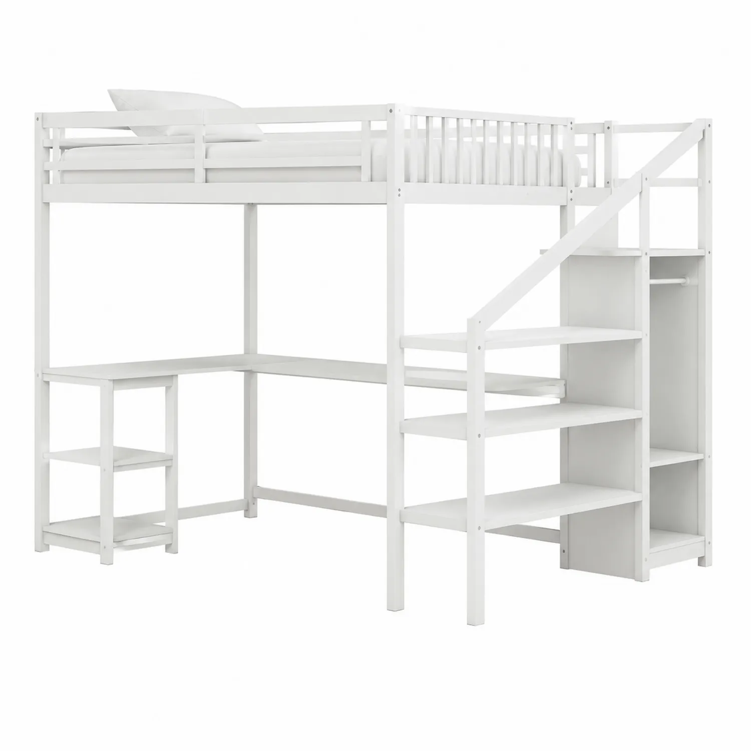 Hochbett mit Schreibtisch und Treppe aus Kiefernholz Weiß 200x90 cm