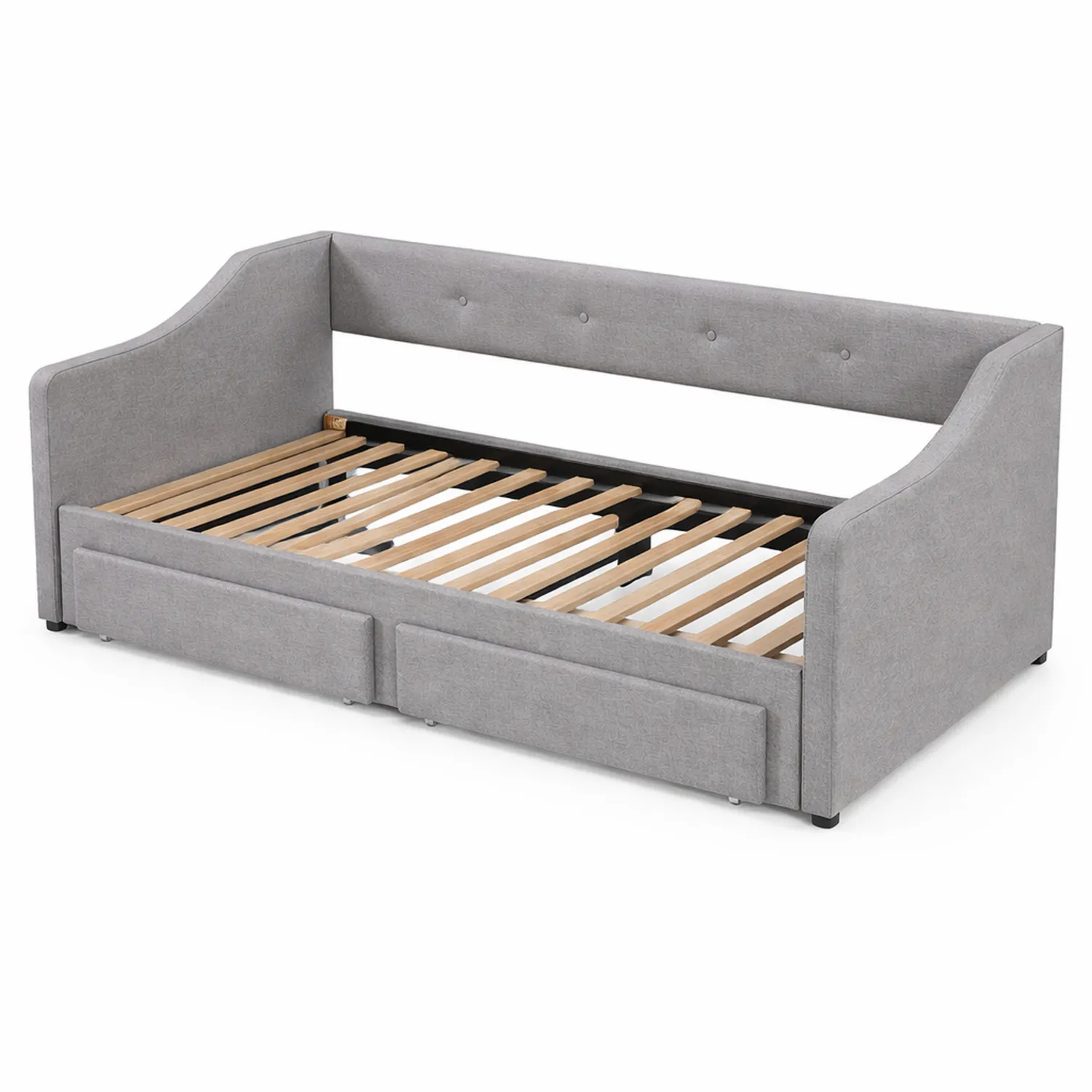 Tagesbett Stoff Grau mit Holzrahmen und Schubladen 200x100 cm