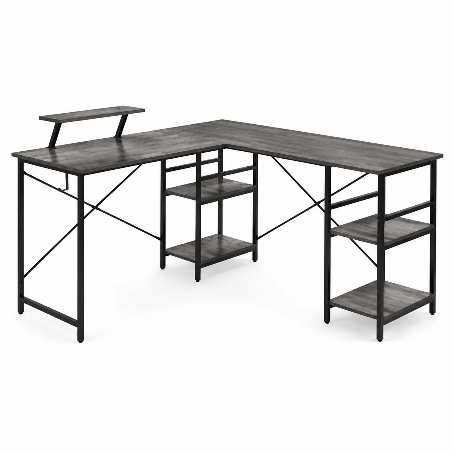 L-förmiger Schreibtisch aus Holzoptik und Metall mit Regalen