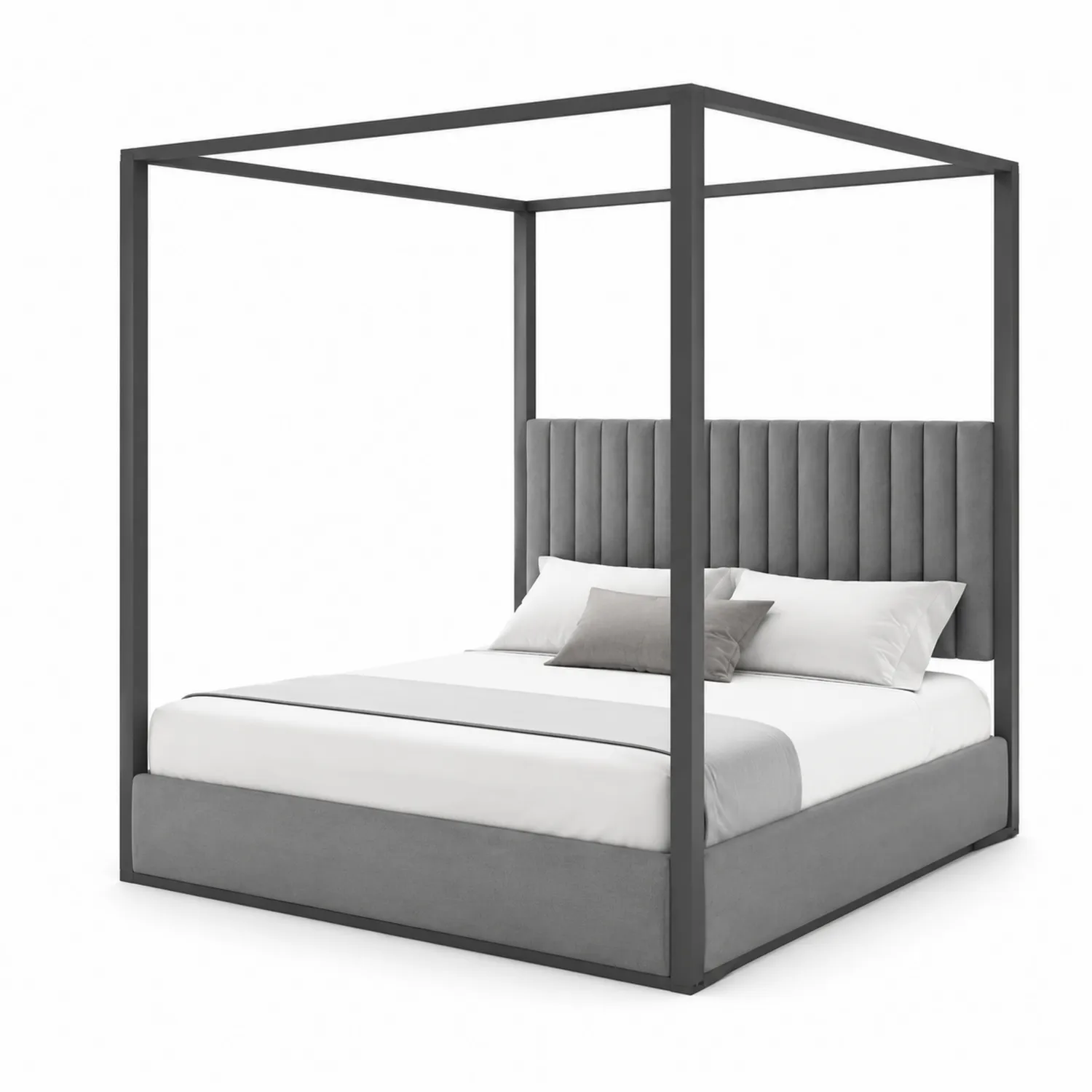 Metall Himmelbett mit Stoff Kopfteil grau 200x160 cm