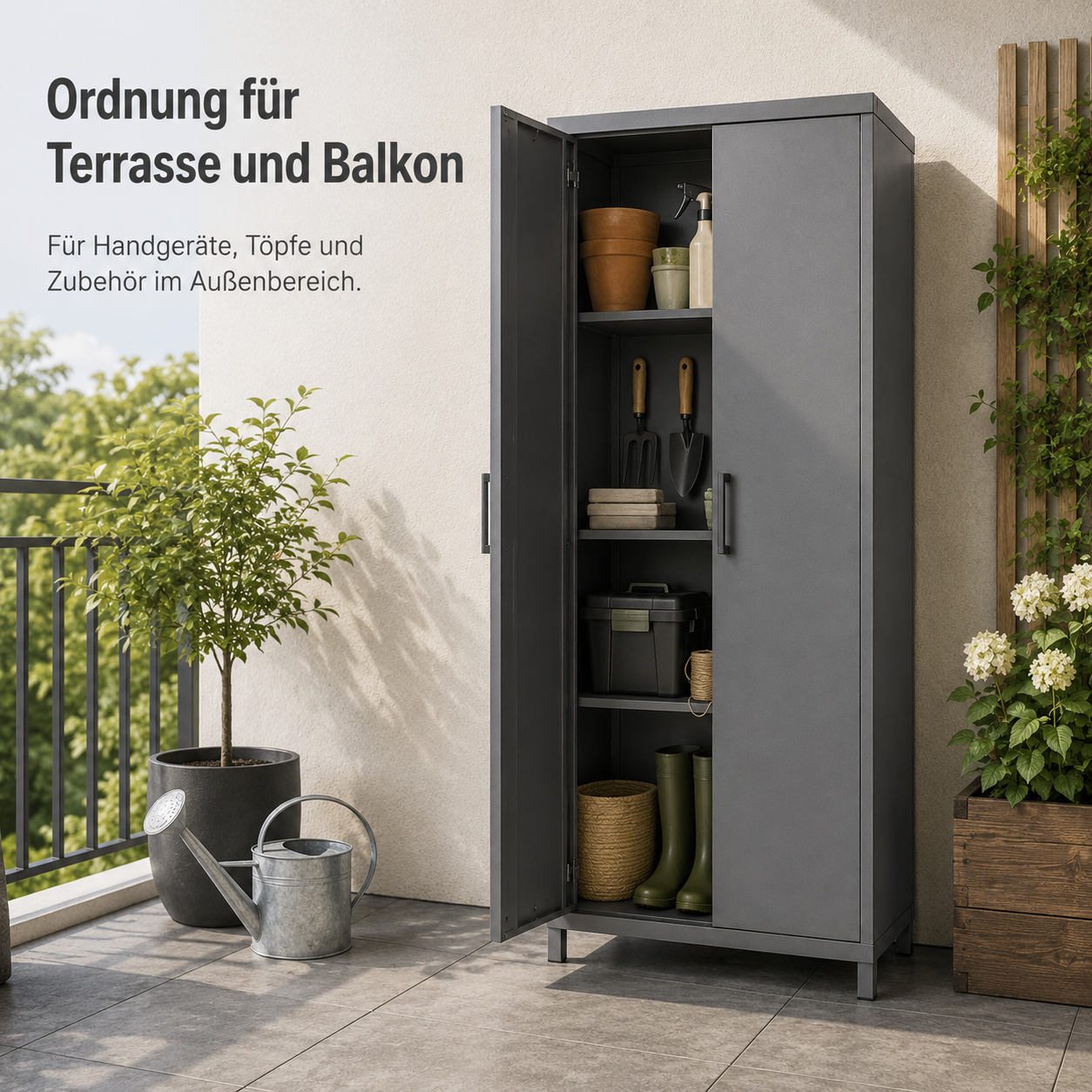 Gartenschrank aus Metall in Grau für Geräte und Terrassenzubehör
