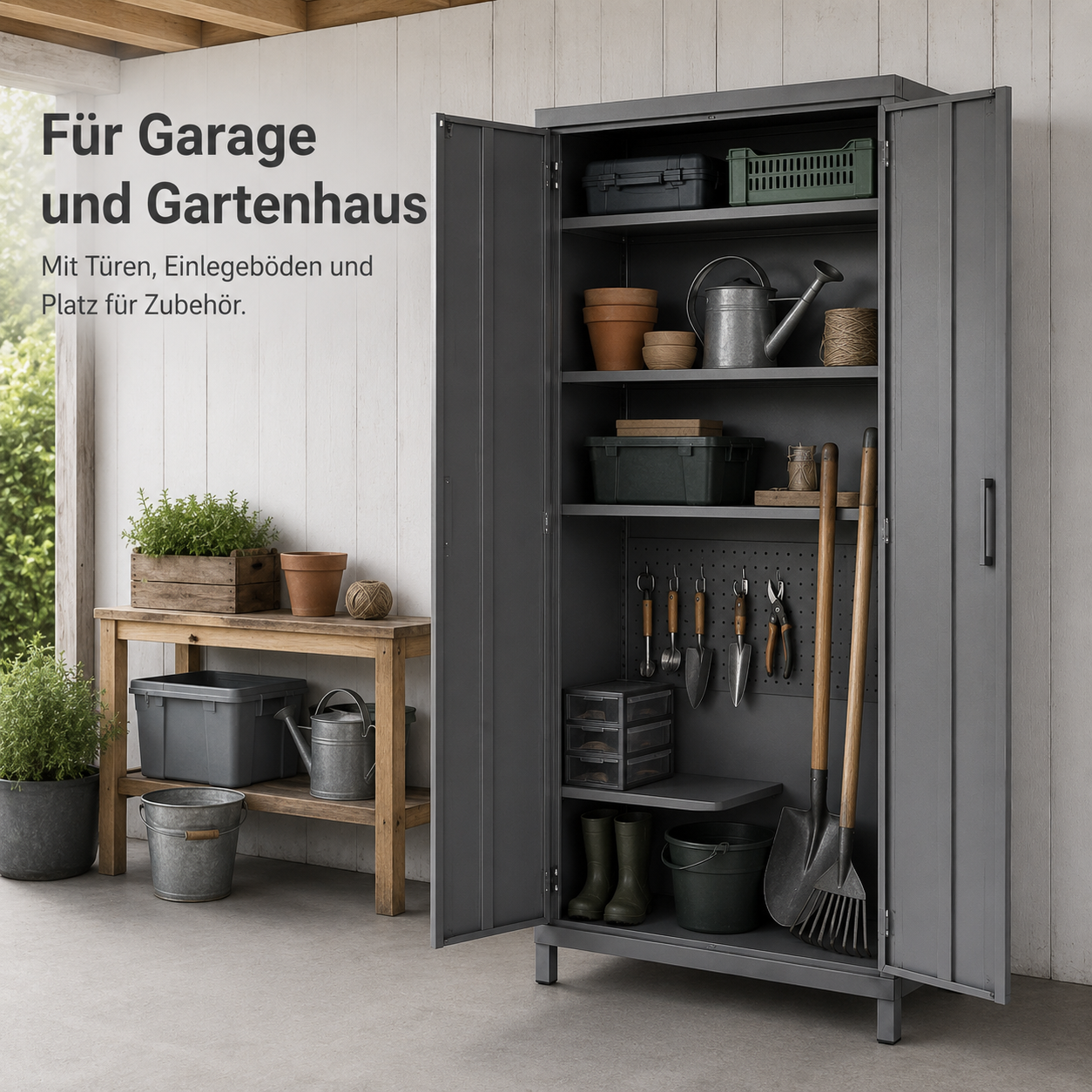 Gartenschrank aus Metall in Grau für Geräte und Terrassenzubehör